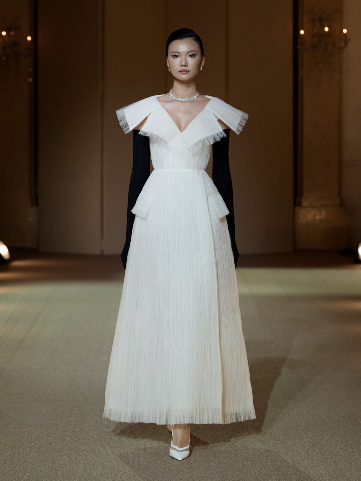 Off-white pleated tulle coat-dress by PHAN HUY