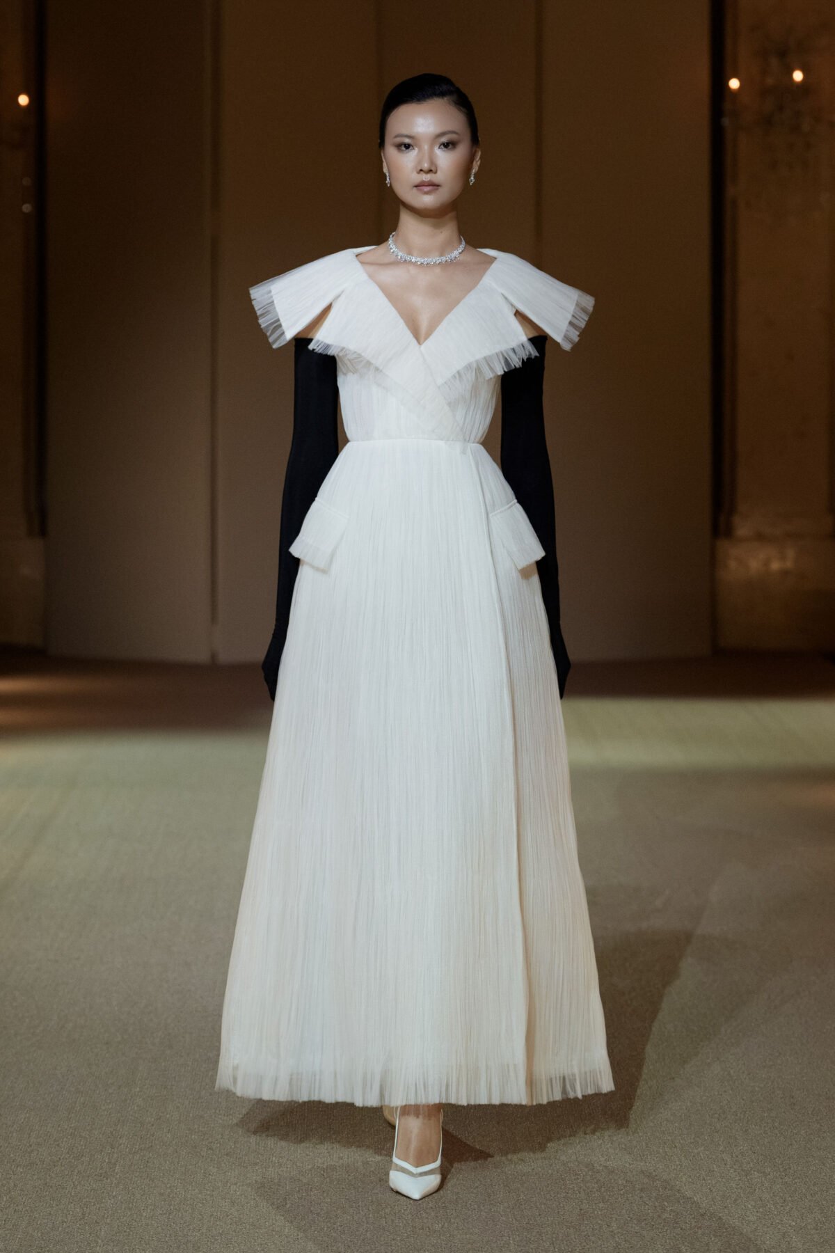 Off-white pleated tulle coat-dress by PHAN HUY