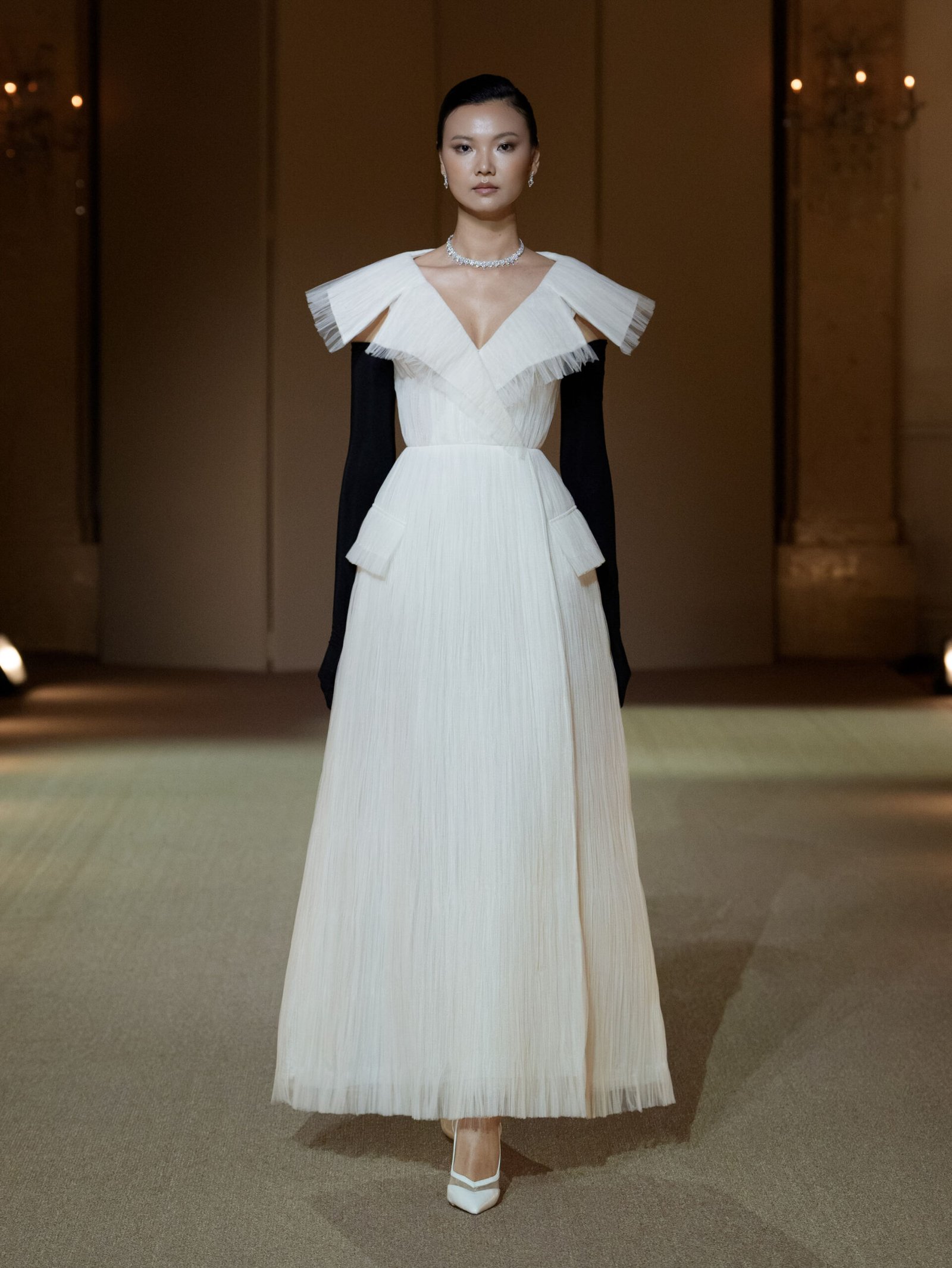 Off-white pleated tulle coat-dress by PHAN HUY