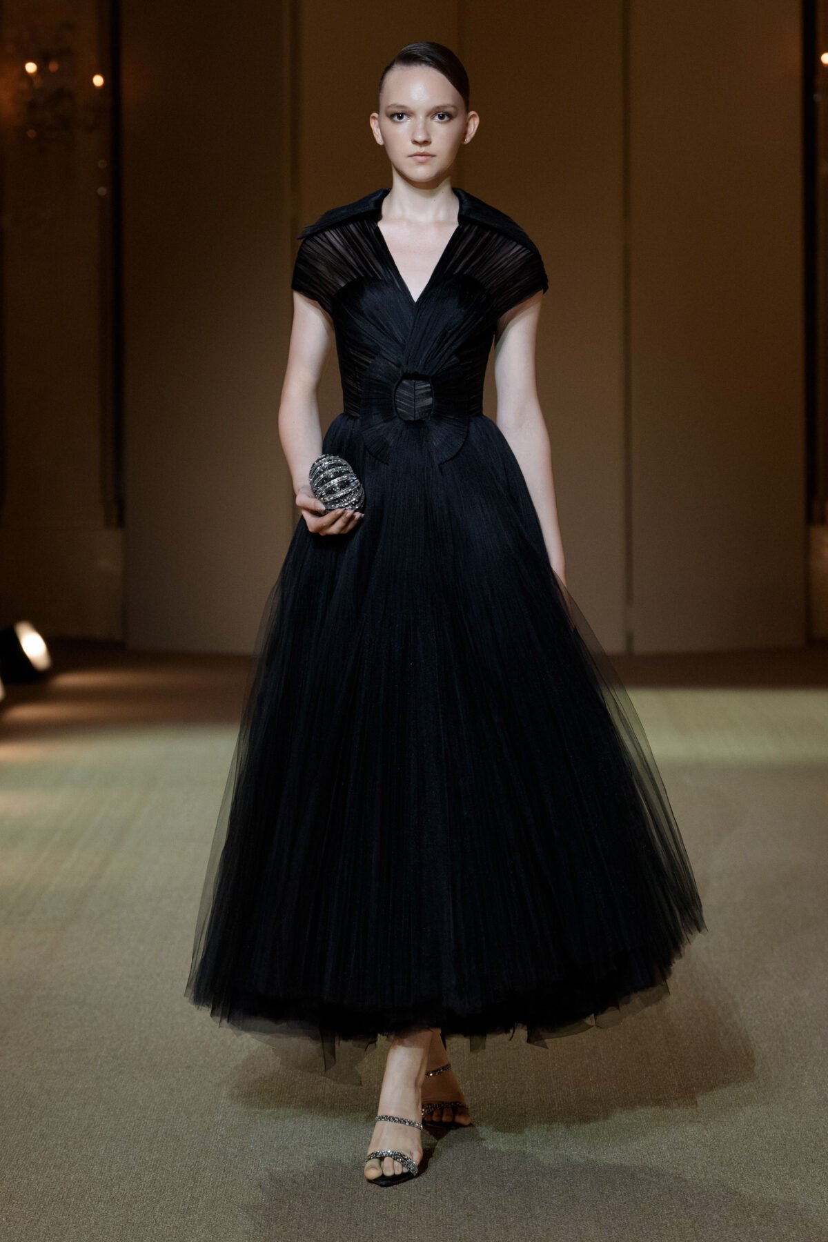 Black pleated tulle A-line tea-length dress by PHAN HUY