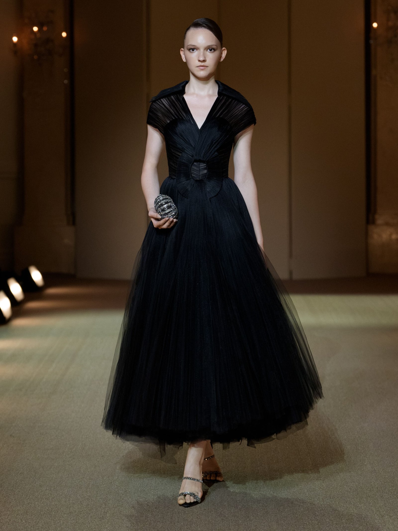 Black pleated tulle A-line tea-length dress by PHAN HUY