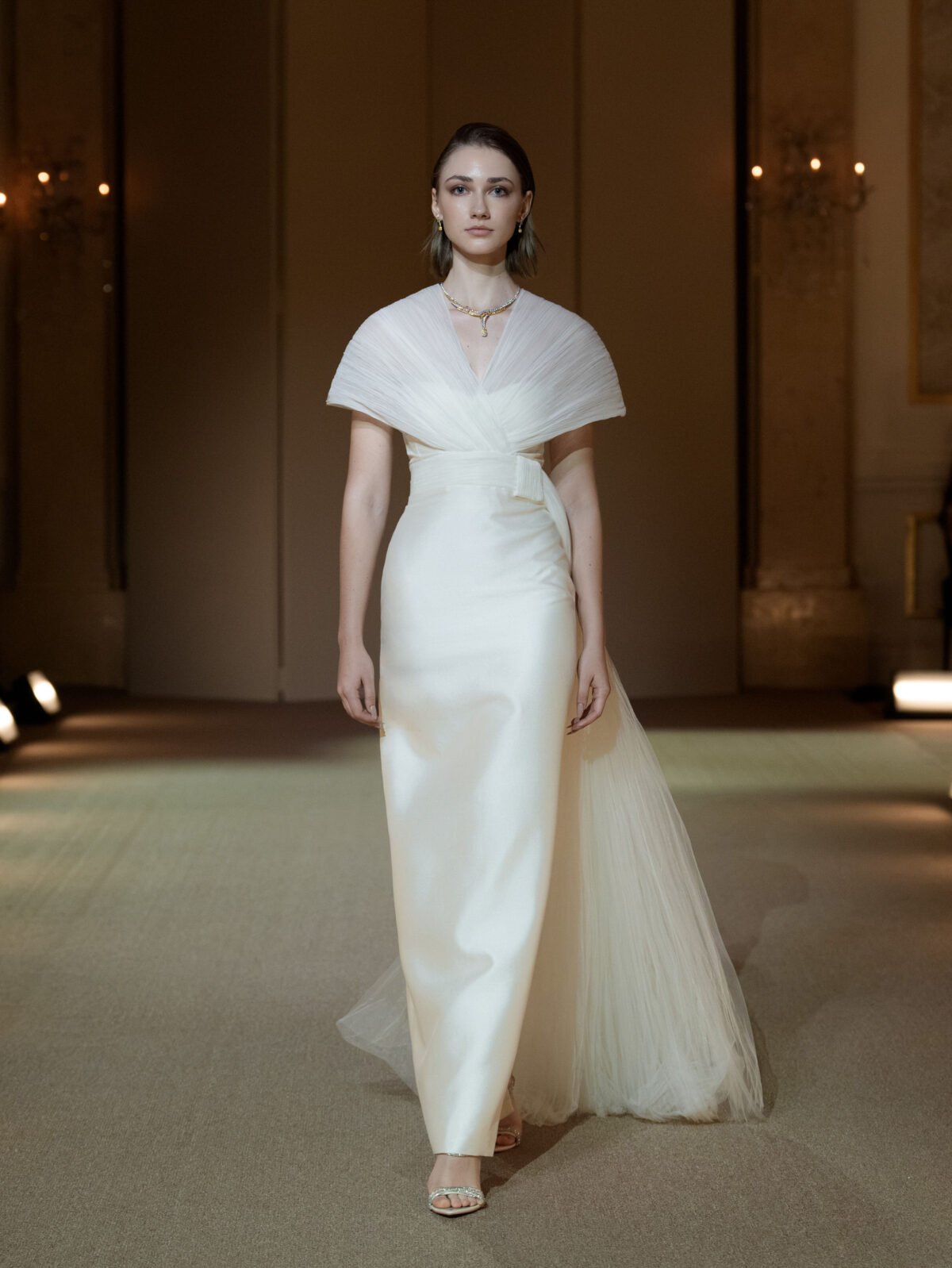 Ivory white pleated tulle column gown by PHAN HUY