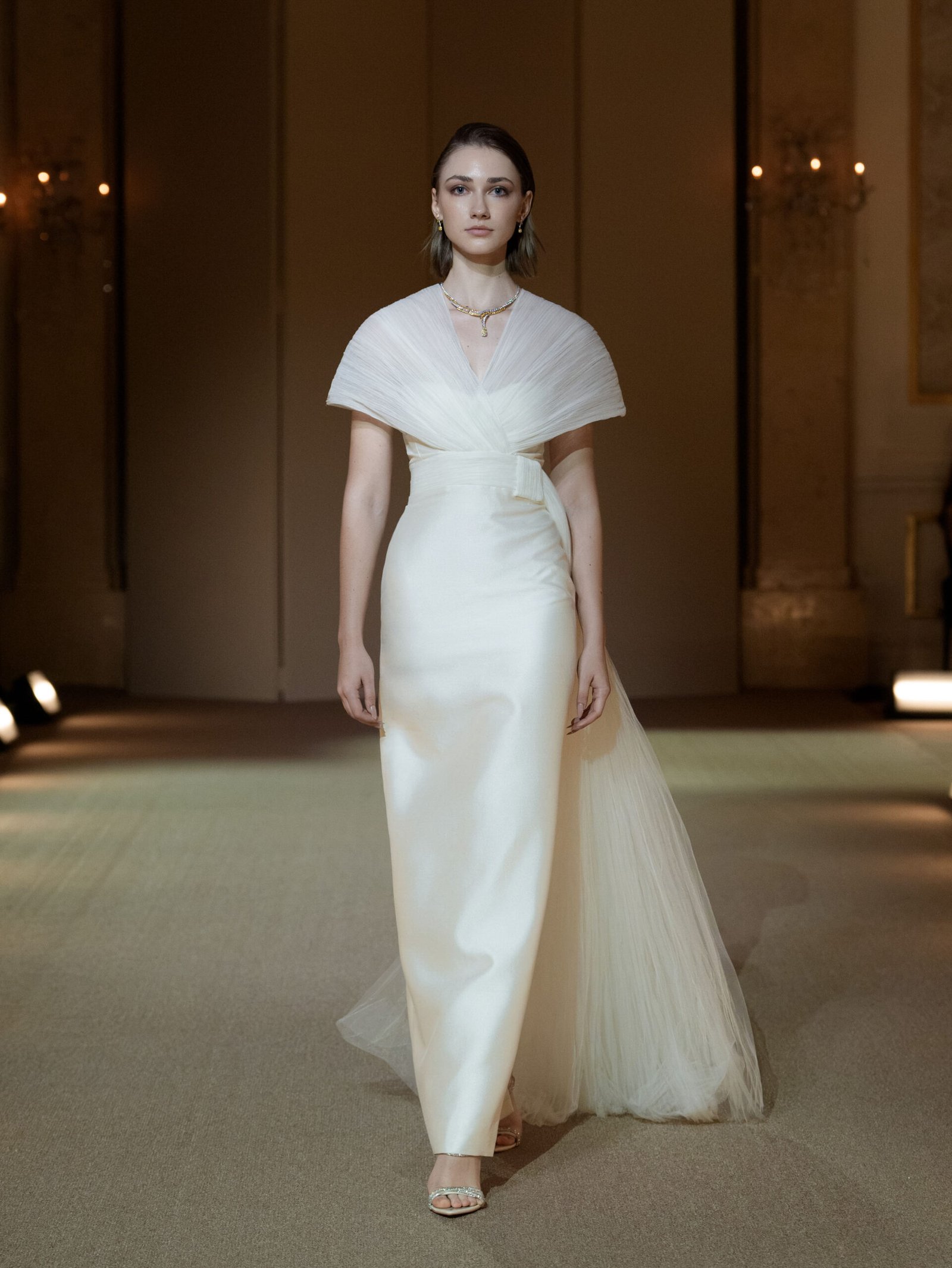 Ivory white pleated tulle column gown by PHAN HUY