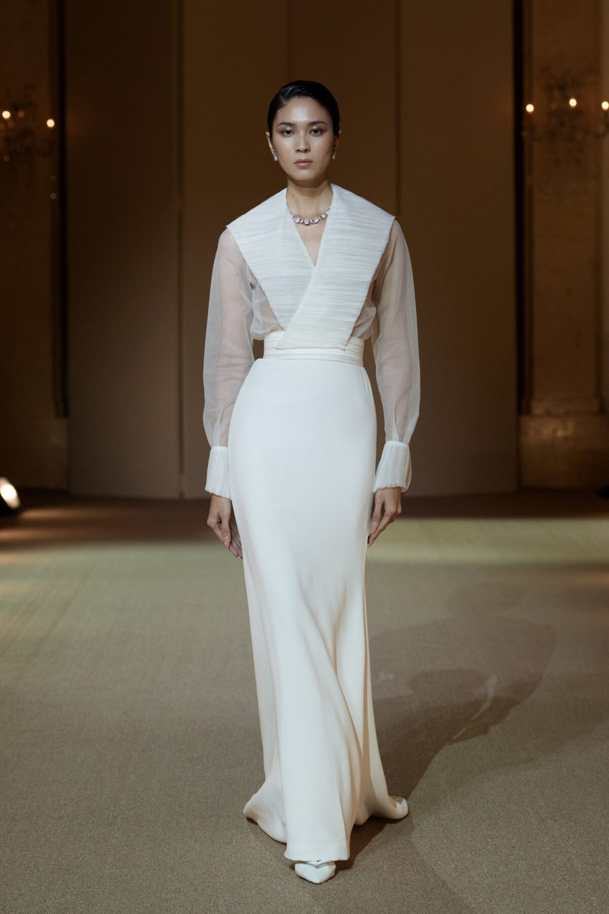 Ivory white blouse and column skirt ensemble by PHAN HUY