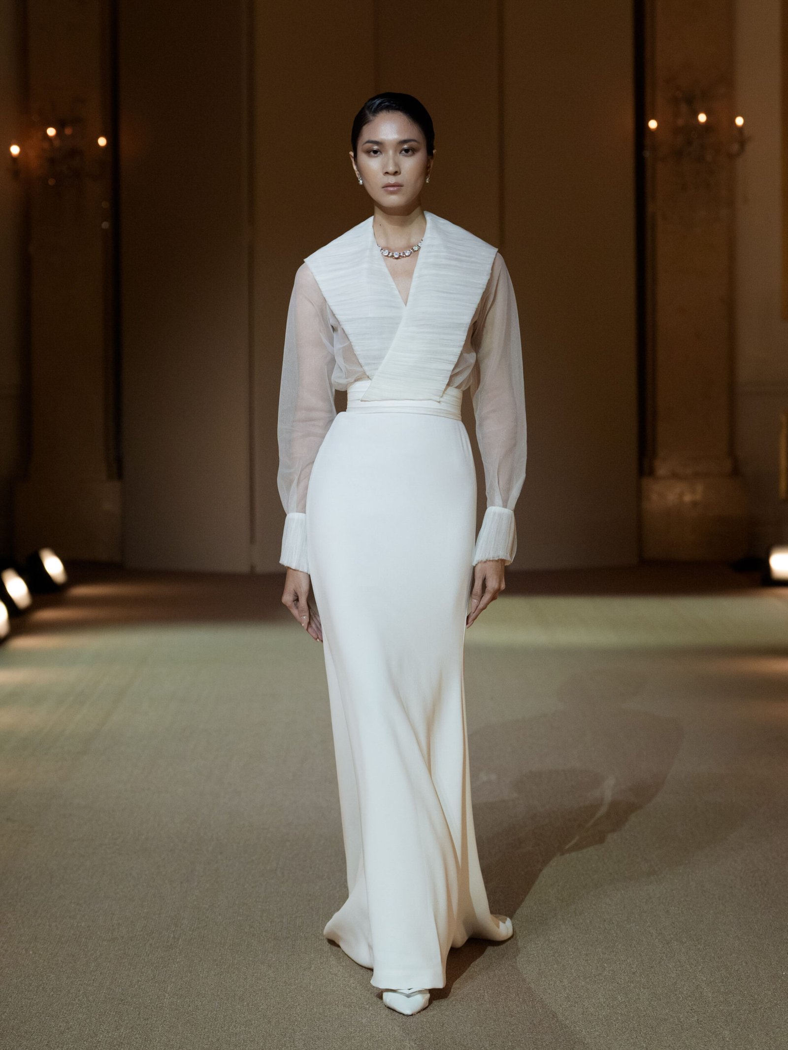 Ivory white blouse and column skirt ensemble by PHAN HUY