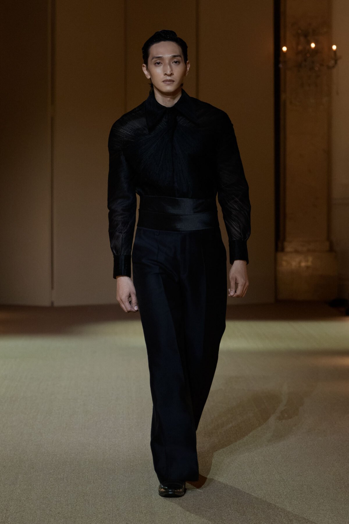 Black menswear ensemble with pleated tulle shirt by PHAN HUY