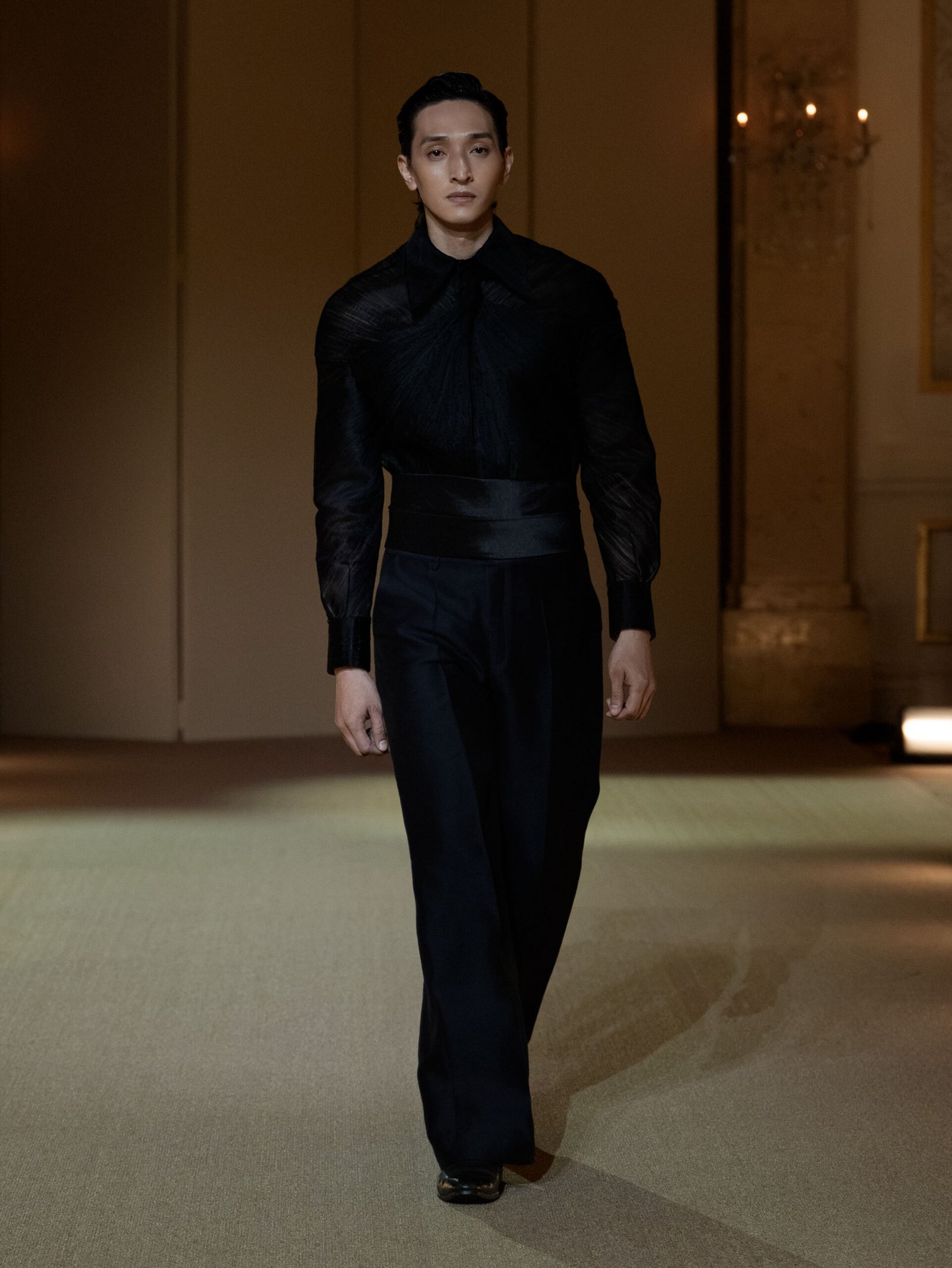 Black menswear ensemble with pleated tulle shirt by PHAN HUY