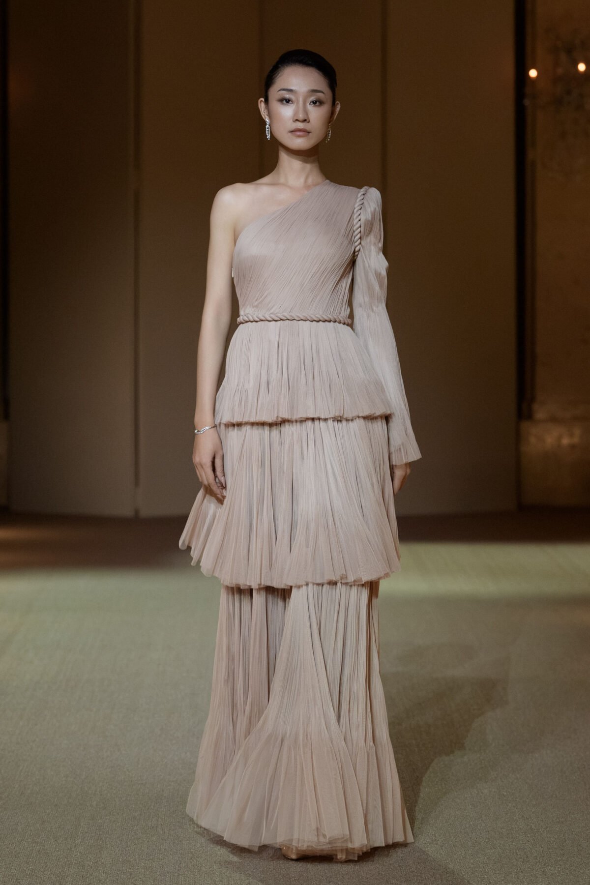 Dusty mauve one-shoulder pleated chiffon dress with three-tier A-line skirt