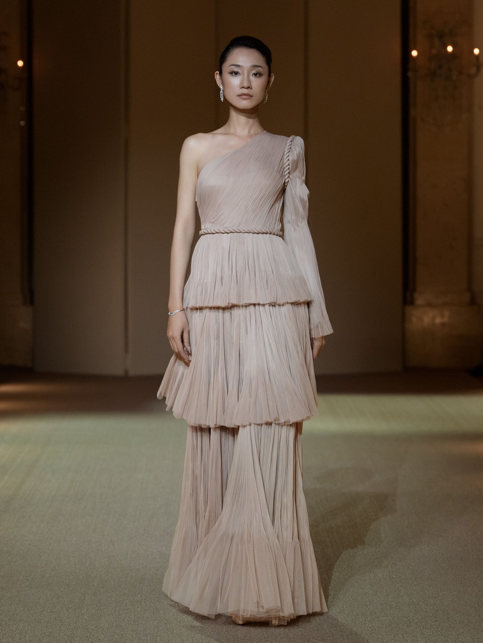 Dusty mauve one-shoulder pleated chiffon dress with three-tier A-line skirt