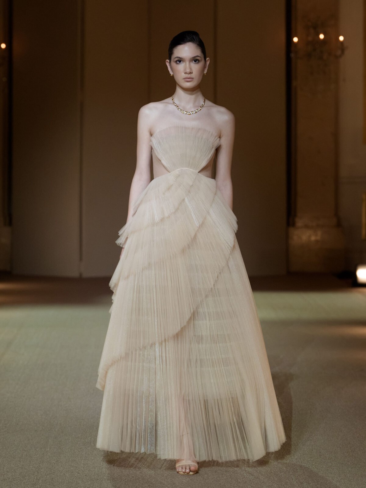 Nude strapless A-line tea-length dress with pleated tulle