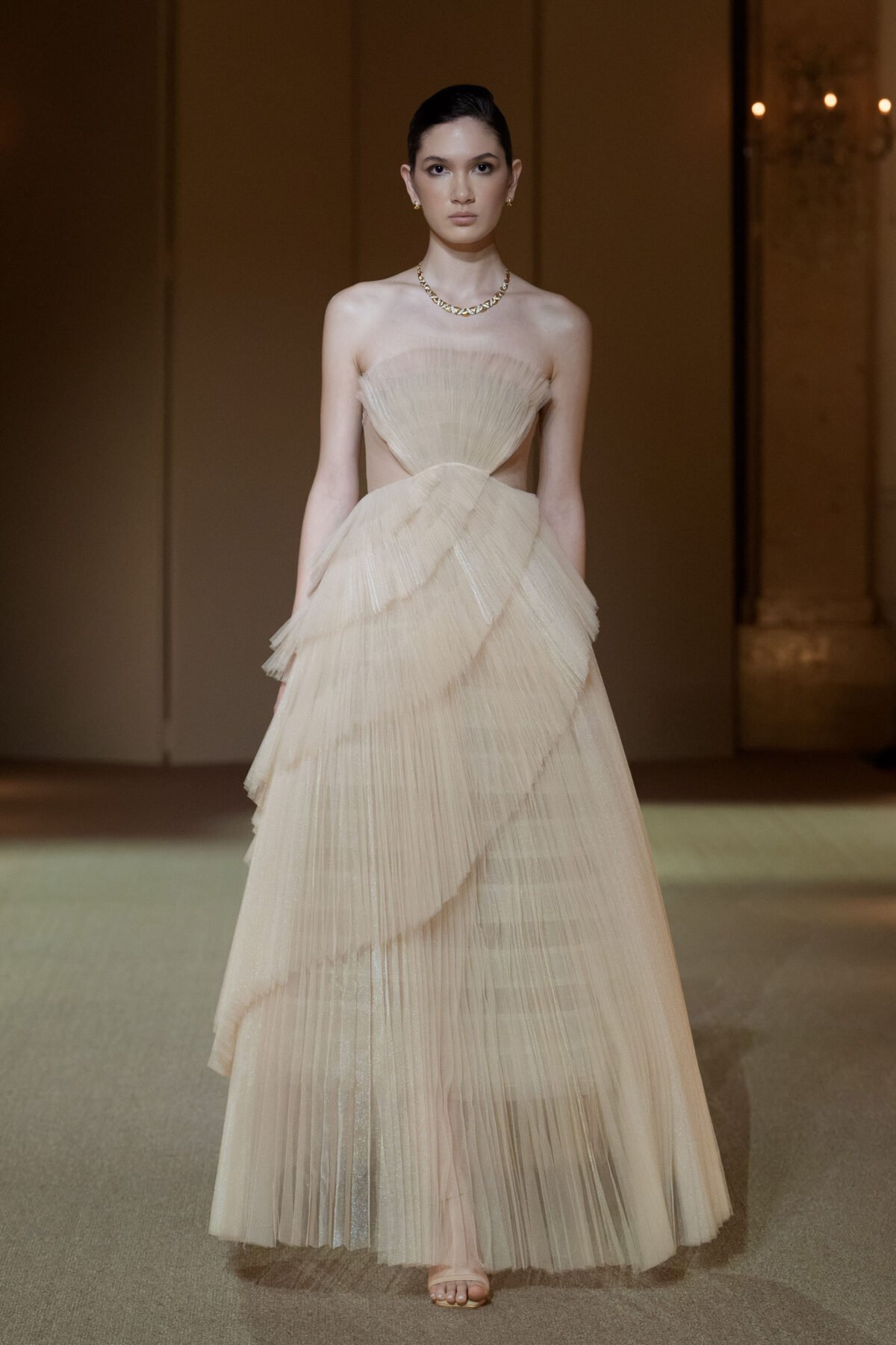 Nude strapless A-line tea-length dress with pleated tulle
