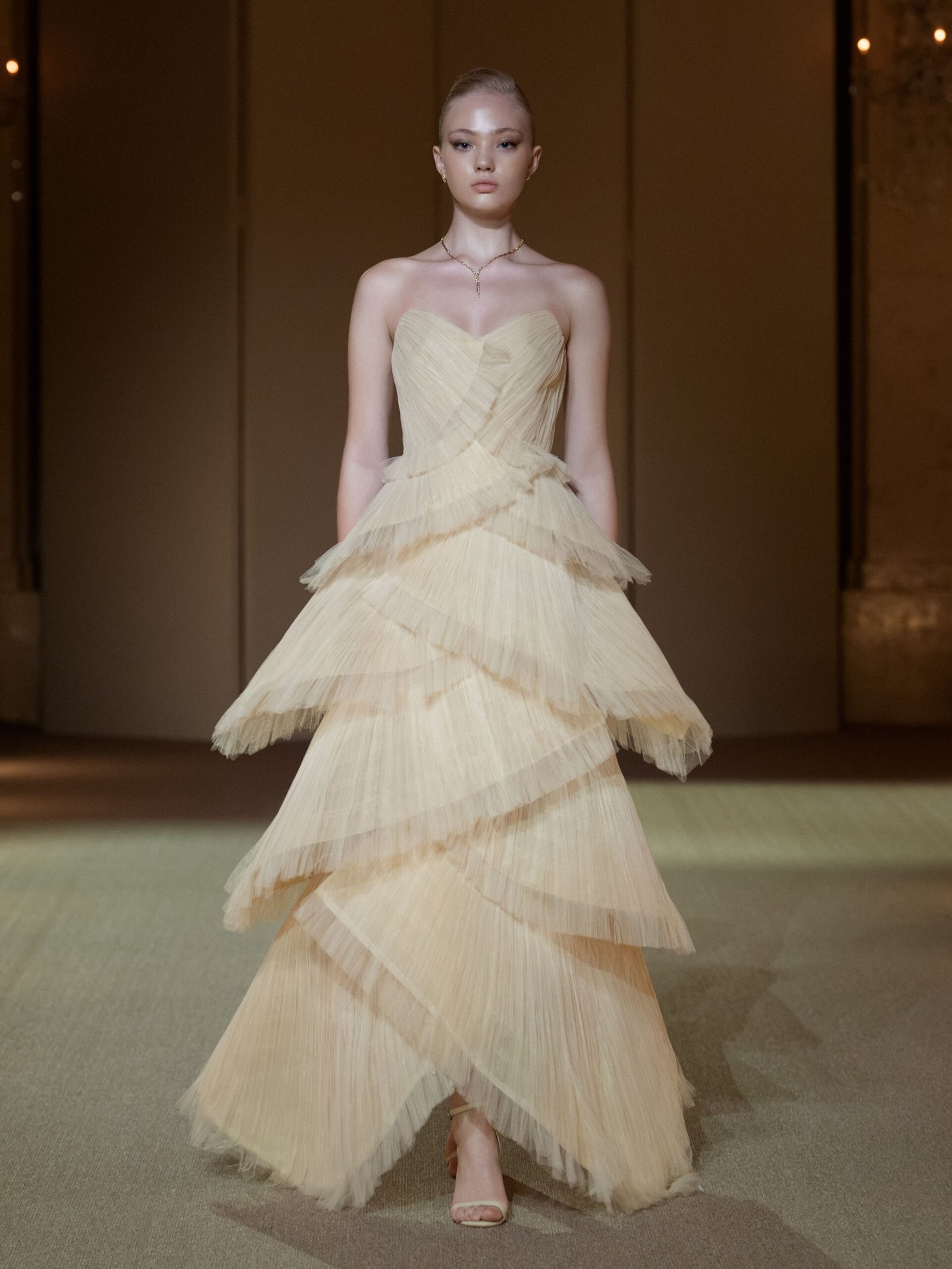 Beige sweetheart A-line gown with hand-pleated chiffon ruffles