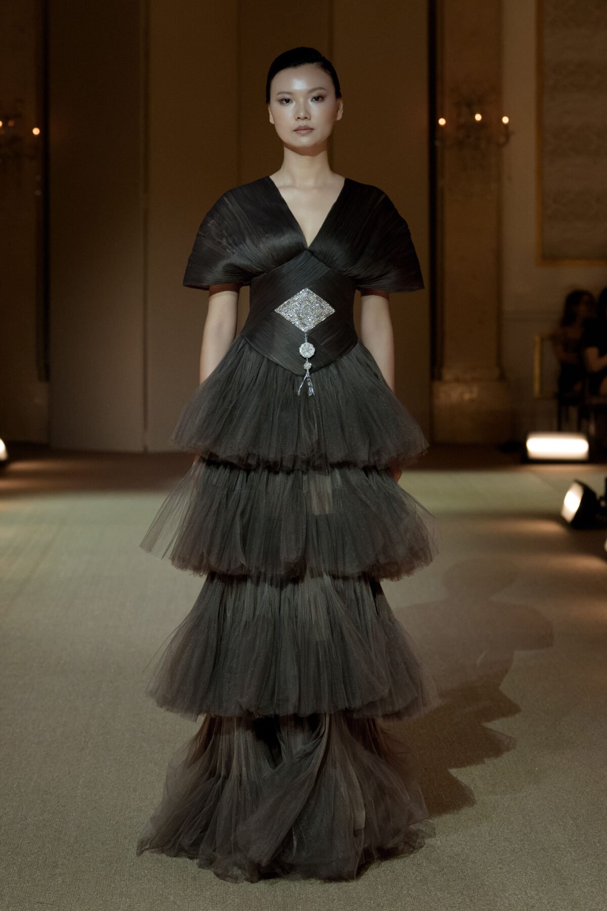 Dusty mauve V-neck tiered evening gown with pleated tulle