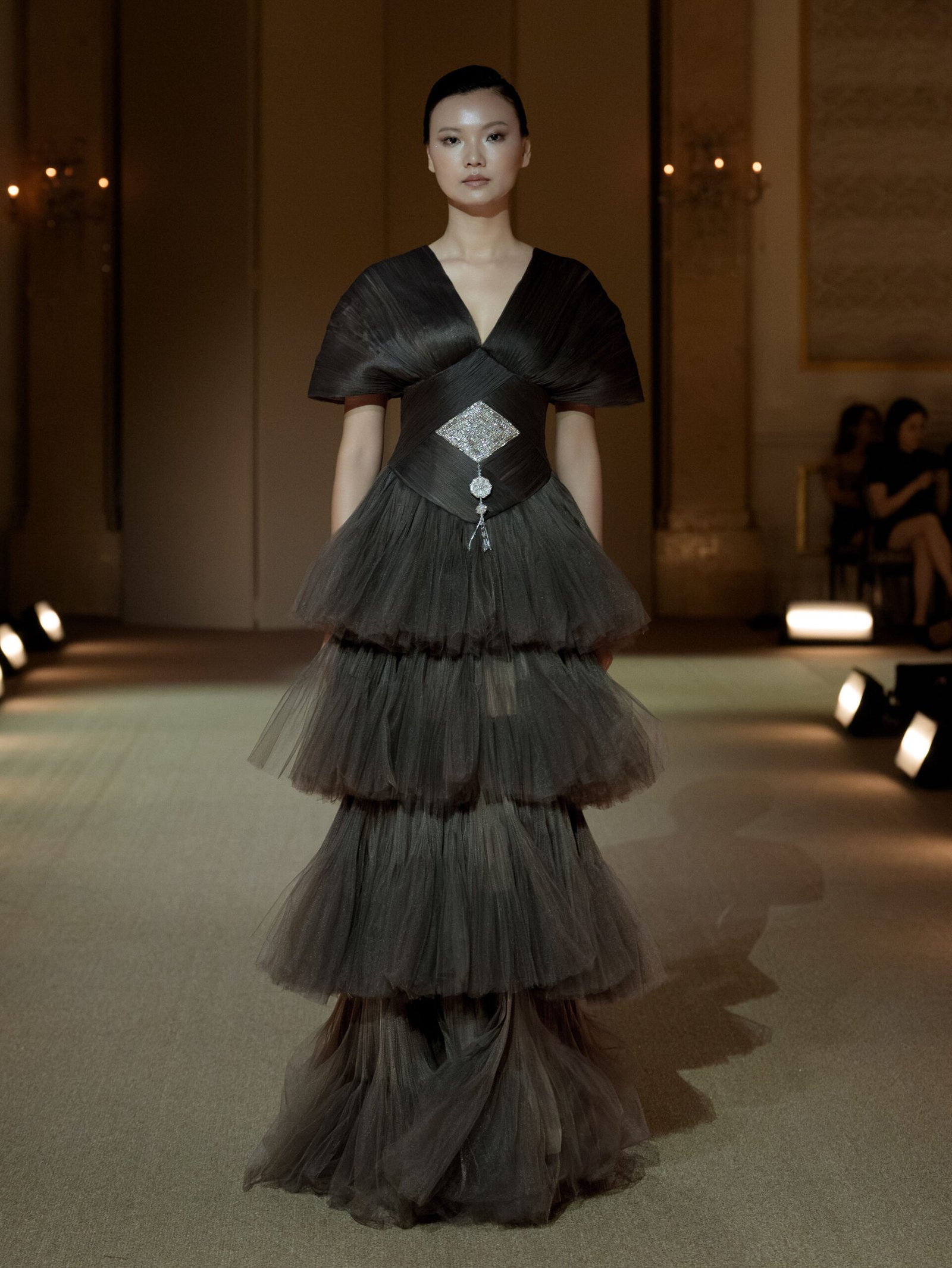 Dusty mauve V-neck tiered evening gown with pleated tulle