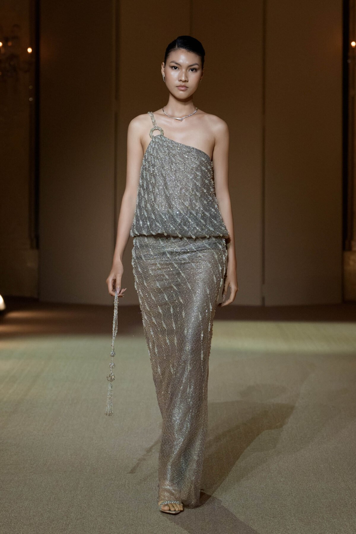 Silvery champagne one-shoulder mermaid gown with intricate beadwork