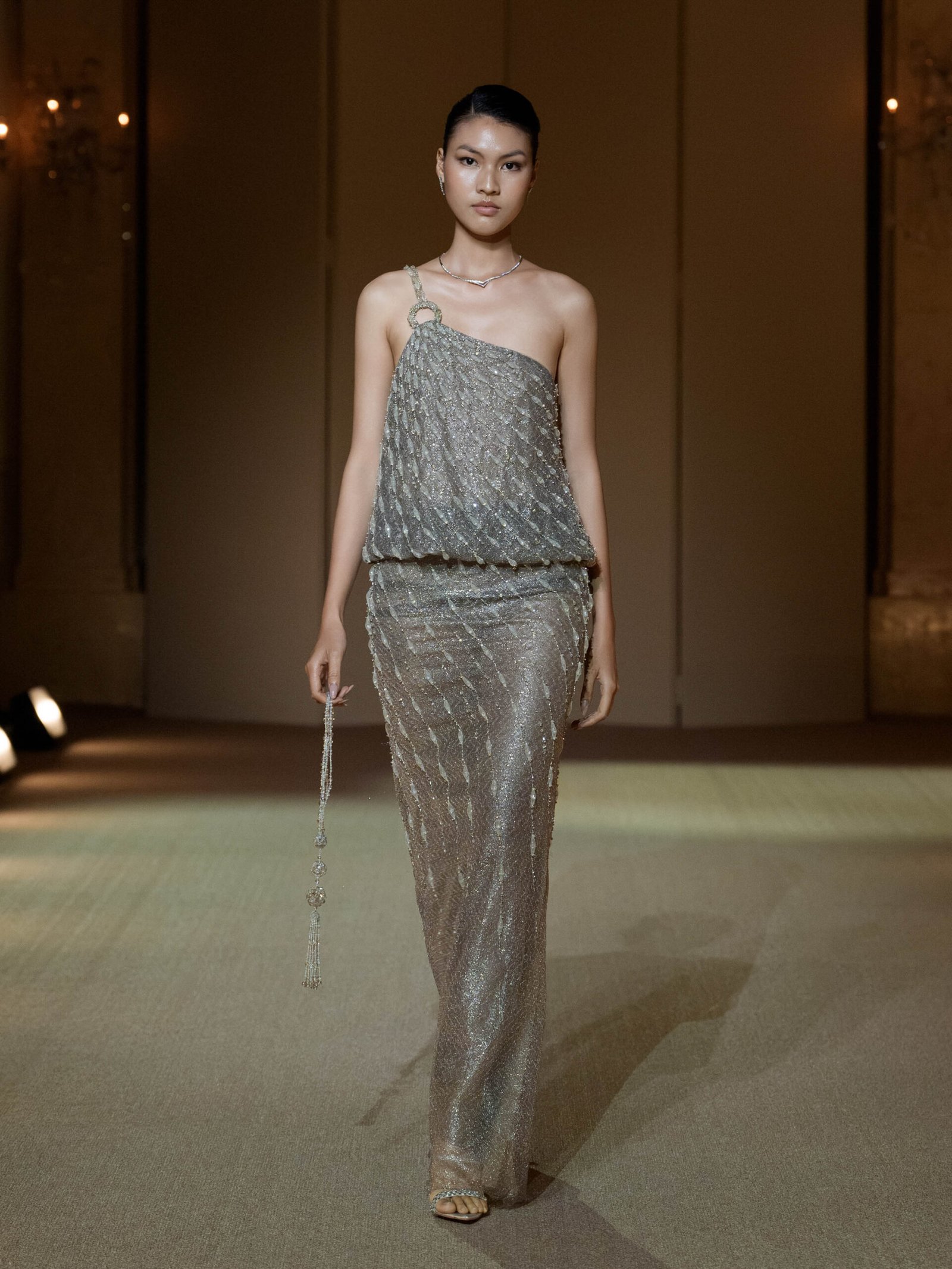 Silvery champagne one-shoulder mermaid gown with intricate beadwork