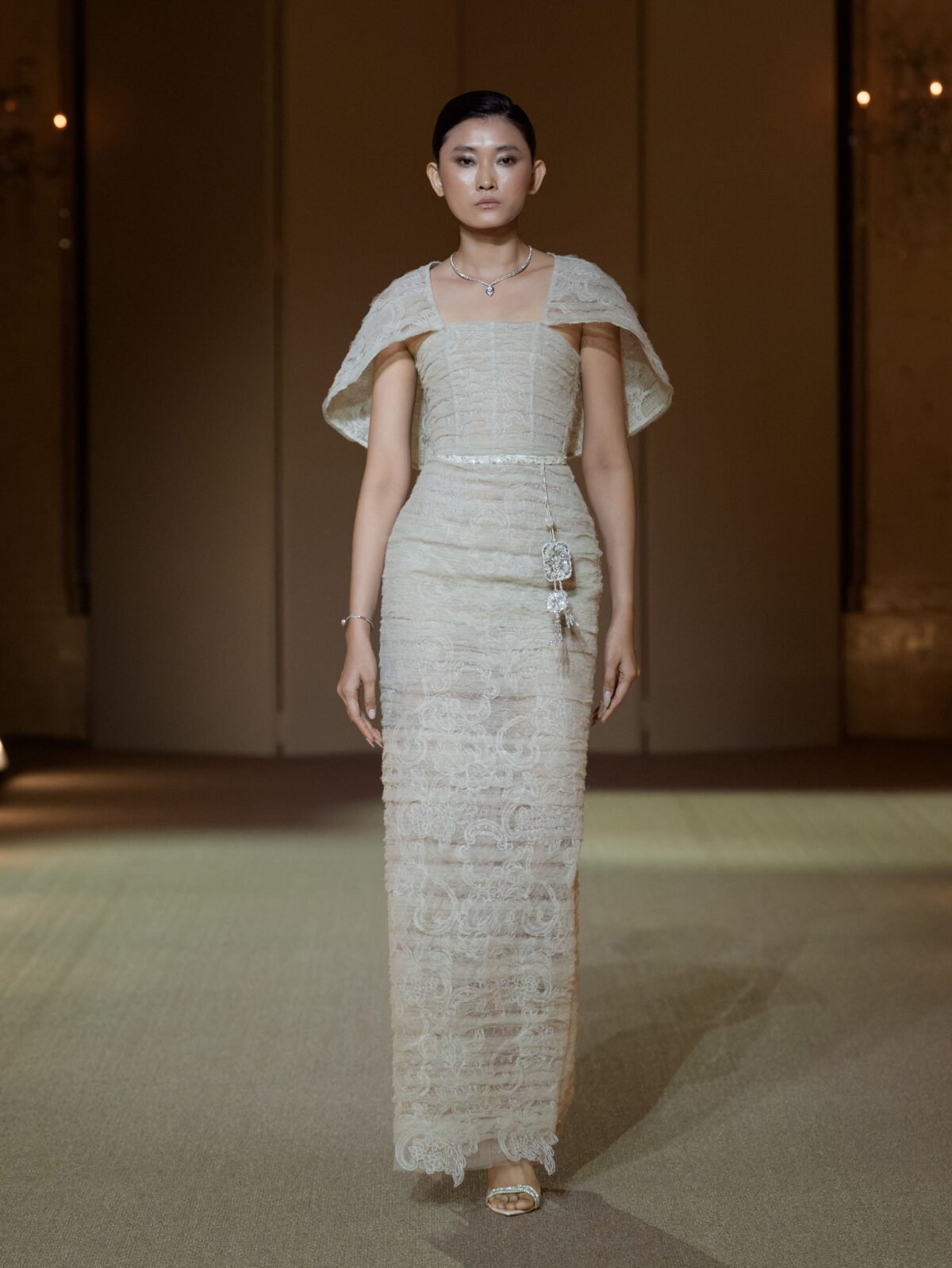 Pale ivory column gown with guipure lace and pleated tulle