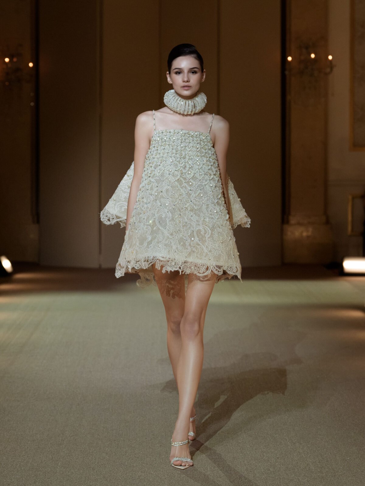 Ivory guipure lace trapeze mini dress with back cape