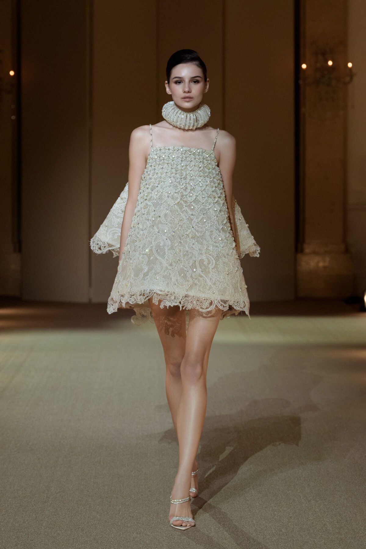 Ivory guipure lace trapeze mini dress with back cape