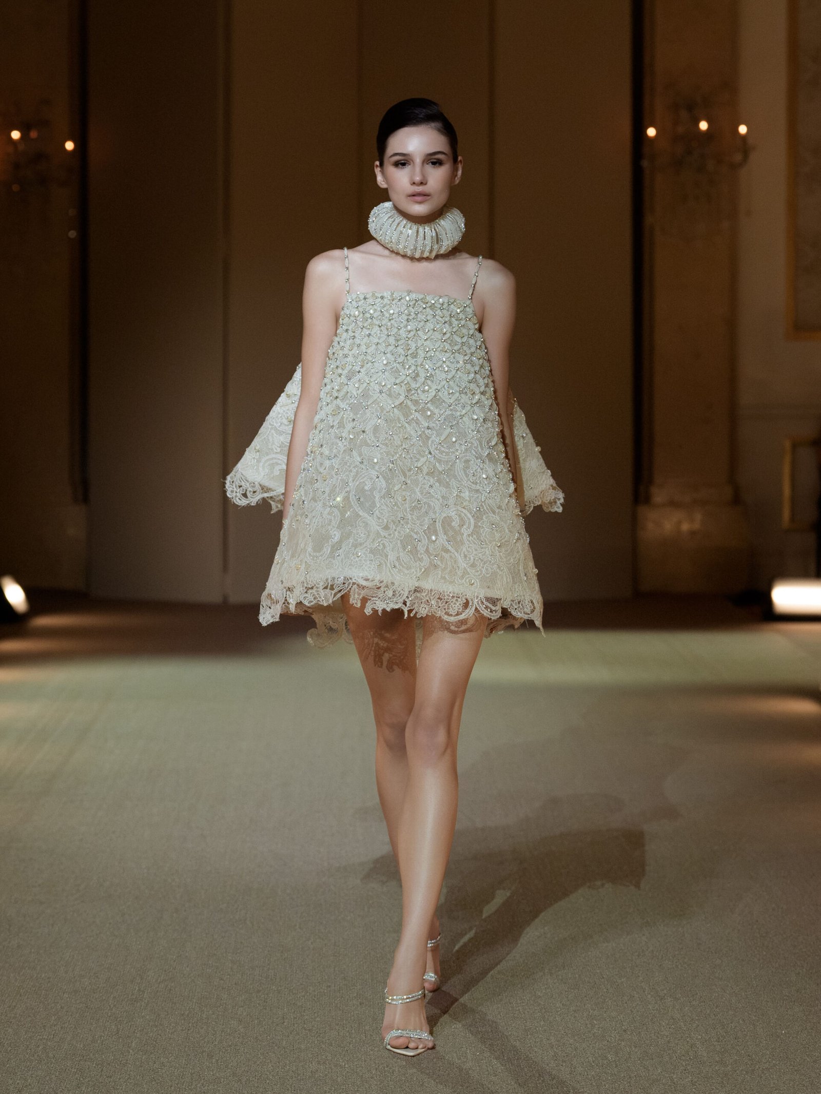 Ivory guipure lace trapeze mini dress with back cape