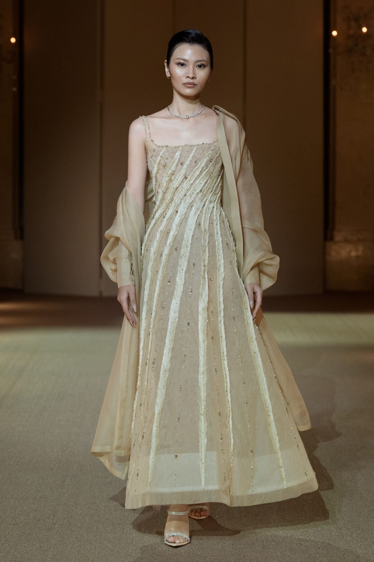 Champagne evening ensemble with oversized organza shirt and embellished A-line dress