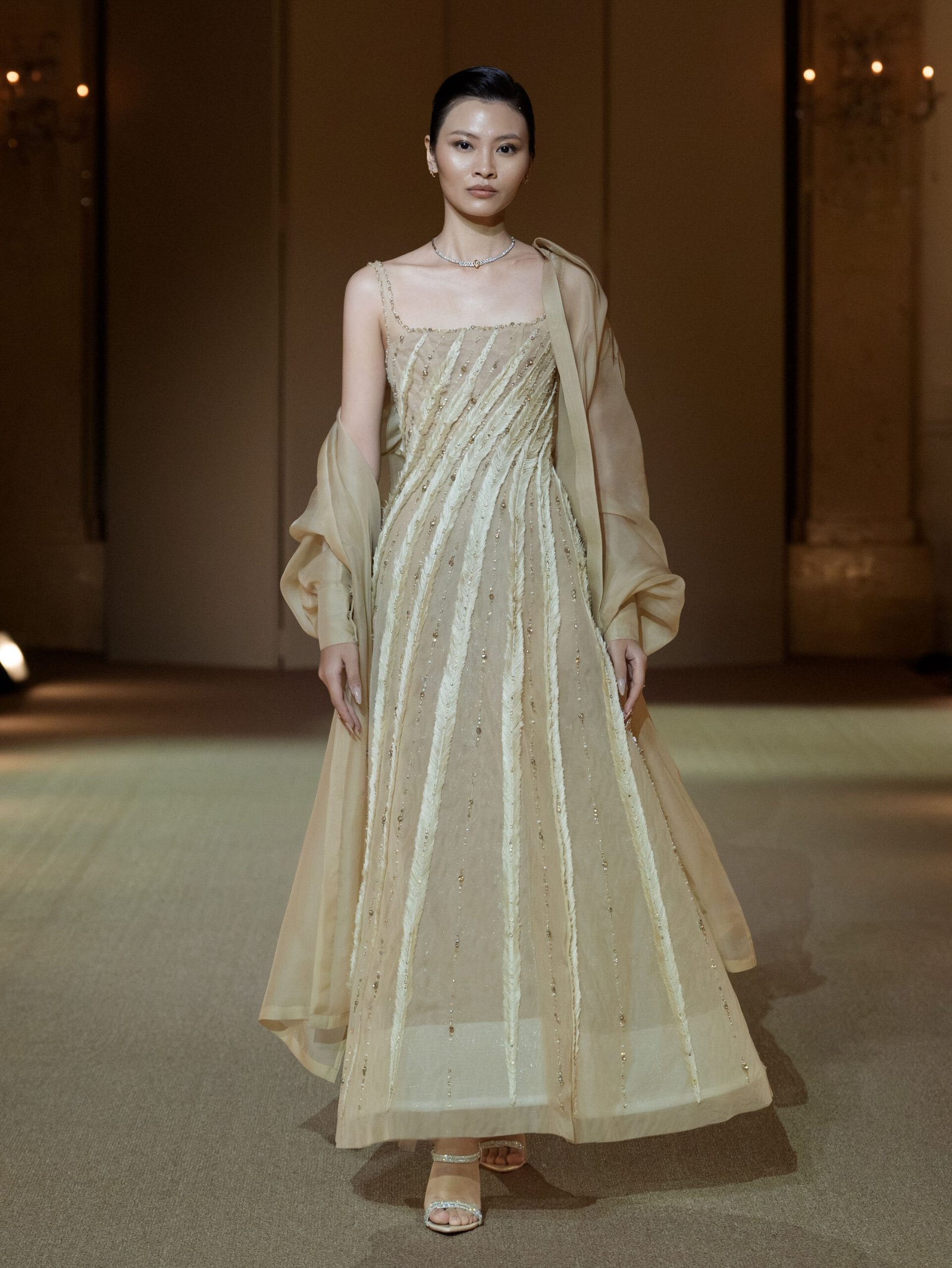 Champagne evening ensemble with oversized organza shirt and embellished A-line dress