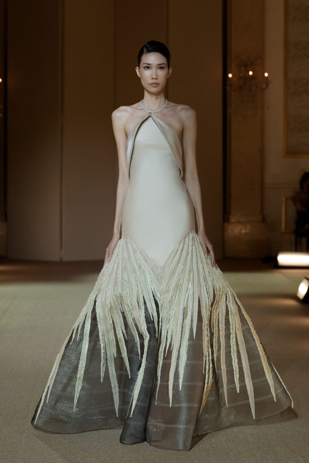 Ivory strapless fit-and-flare evening gown with a contrasting black underskirt