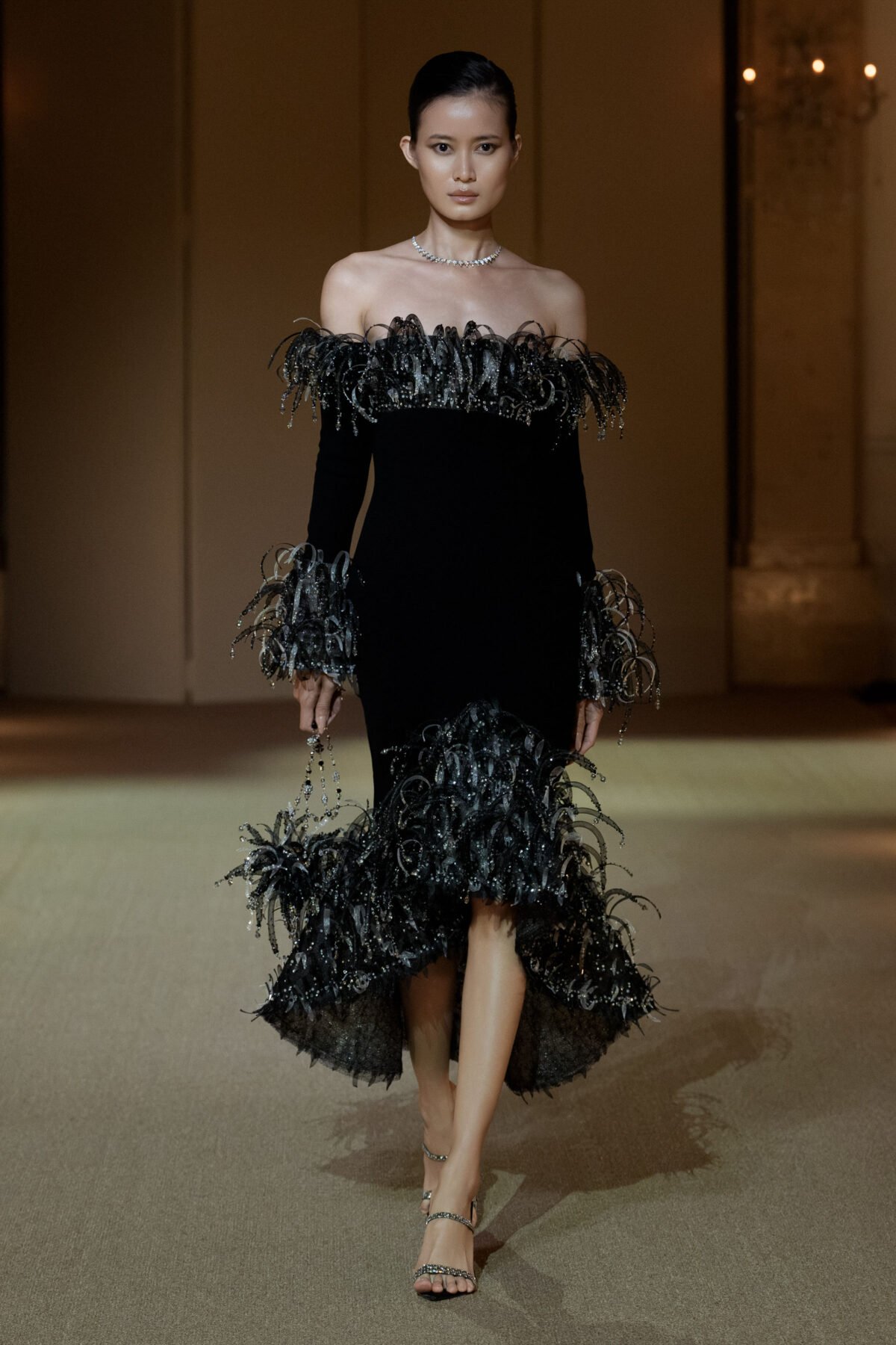 Black off-shoulder midi dress with three-dimensional crin appliqué