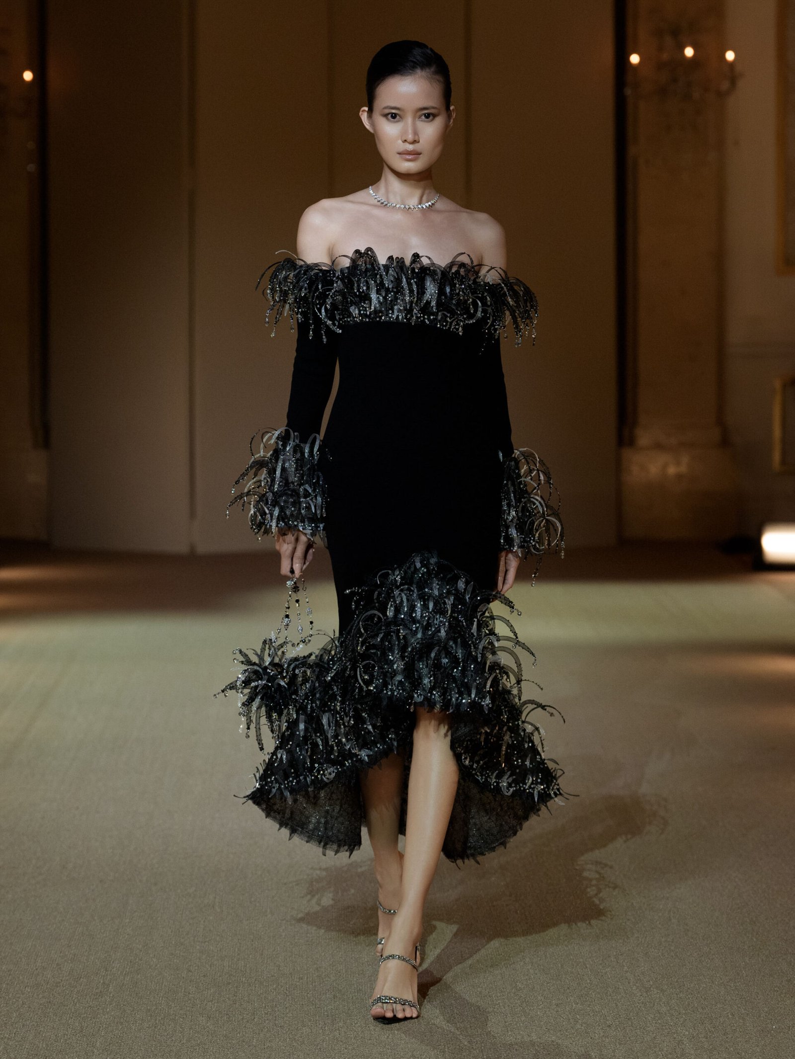 Black off-shoulder midi dress with three-dimensional crin appliqué