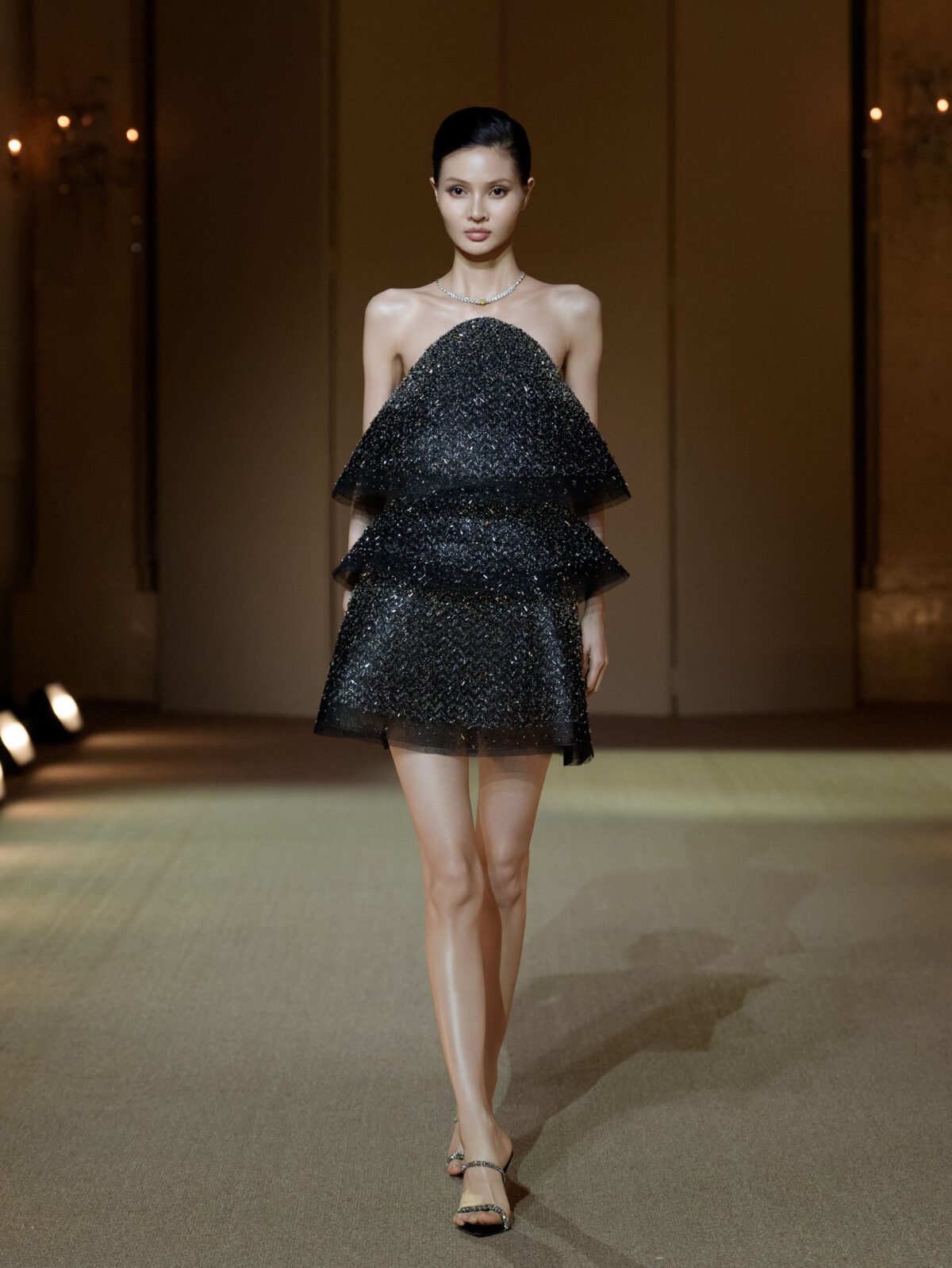 Black halterneck A-line cocktail dress with dense beaded embellishment