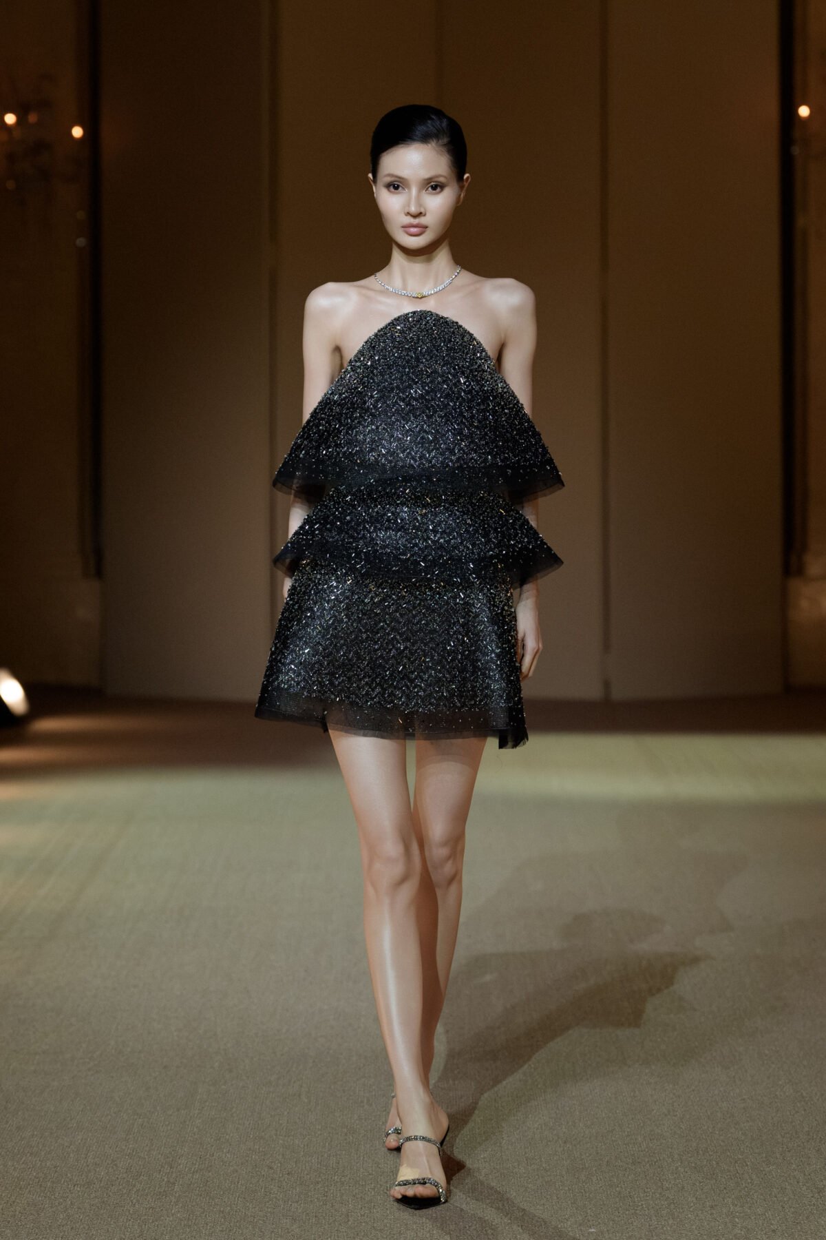 Black halterneck A-line cocktail dress with dense beaded embellishment