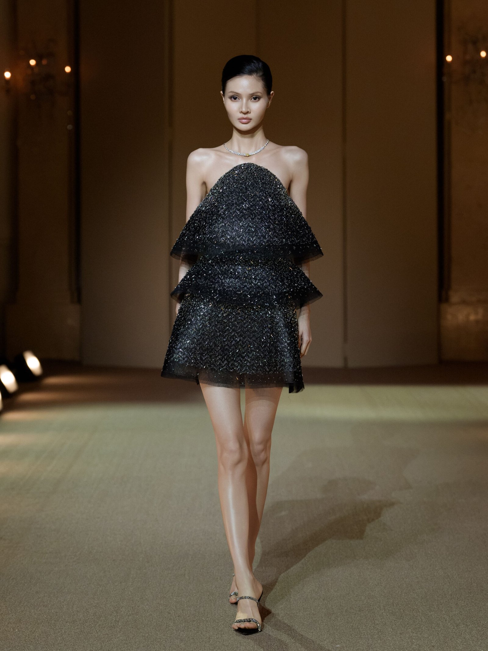 Black halterneck A-line cocktail dress with dense beaded embellishment