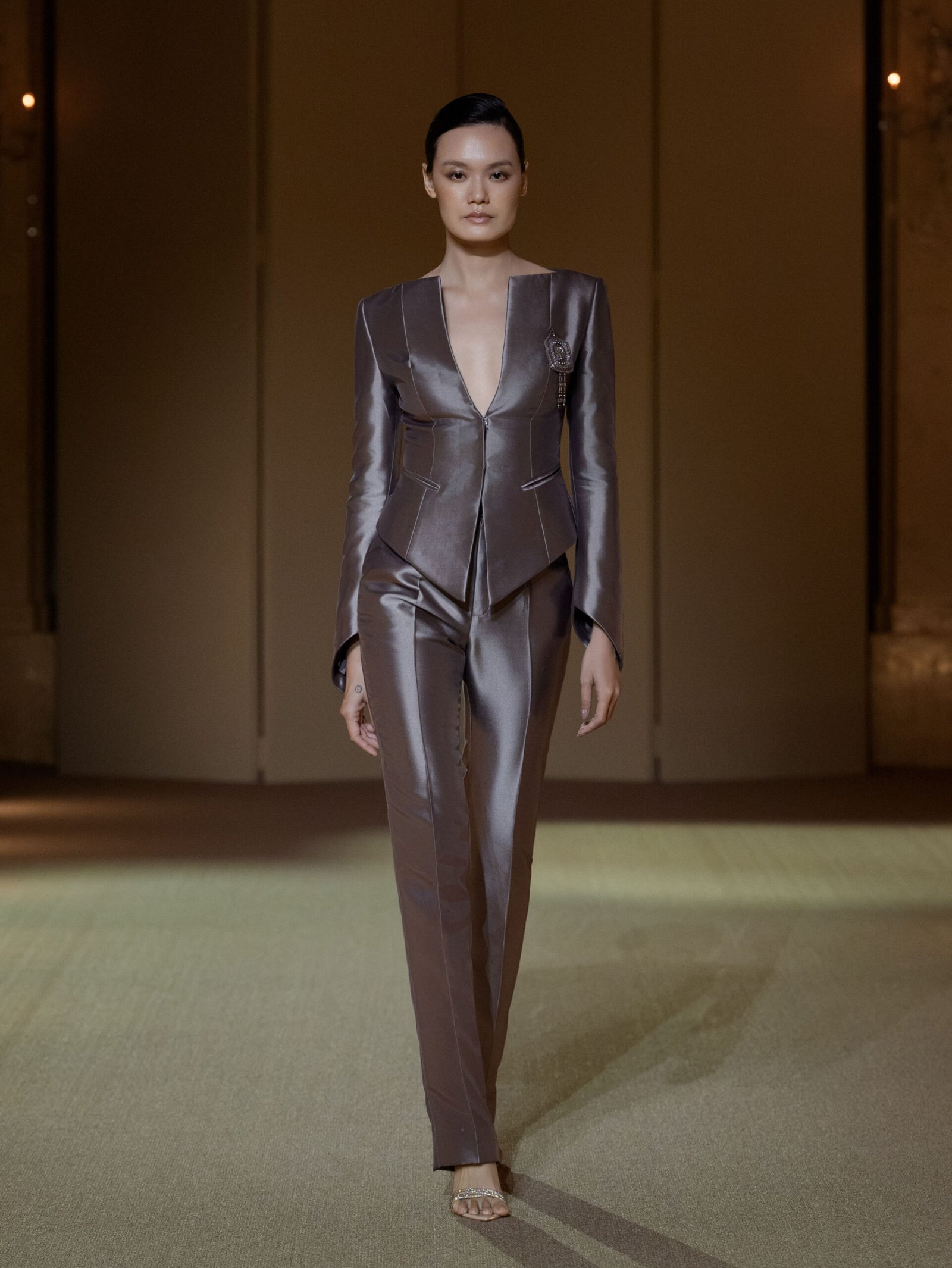 Dusky purple tailored pantsuit with embellished peplum blazer and bootcut pants