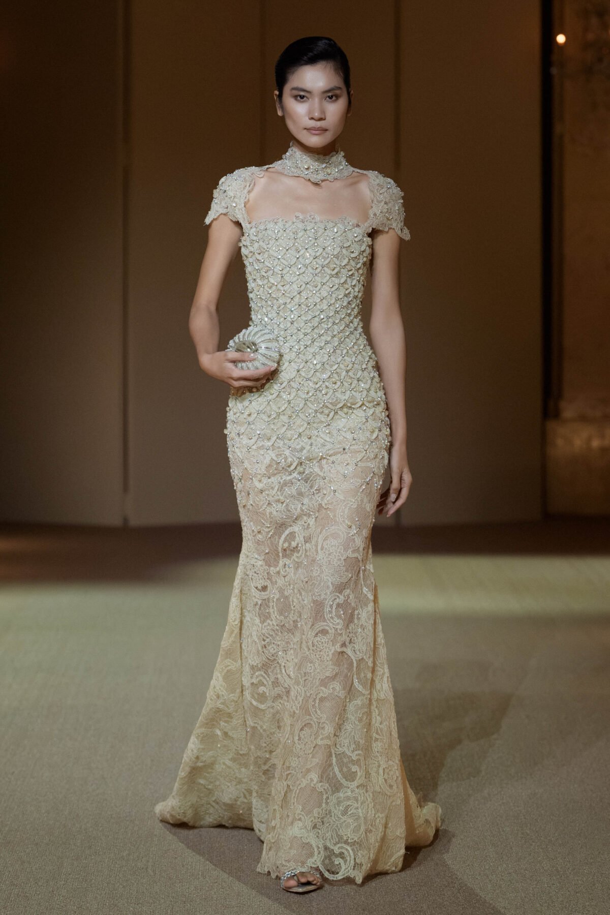 Pale champagne guipure lace trumpet gown with beaded crin tube embellishment