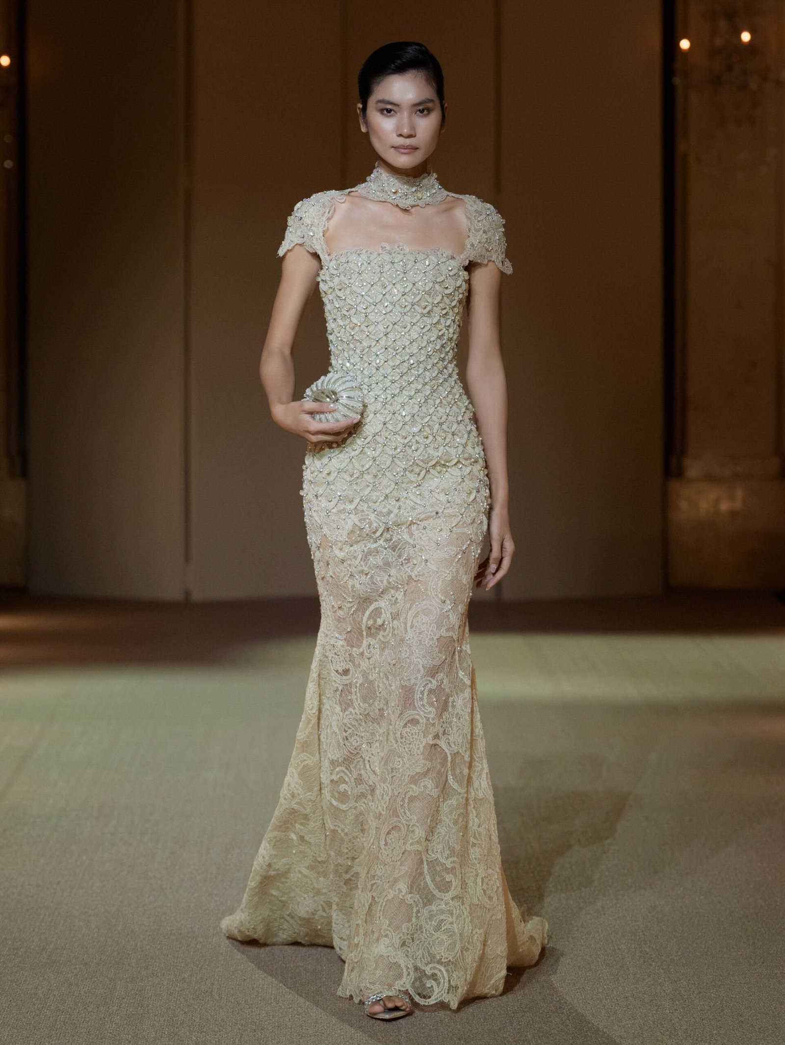 Pale champagne guipure lace trumpet gown with beaded crin tube embellishment