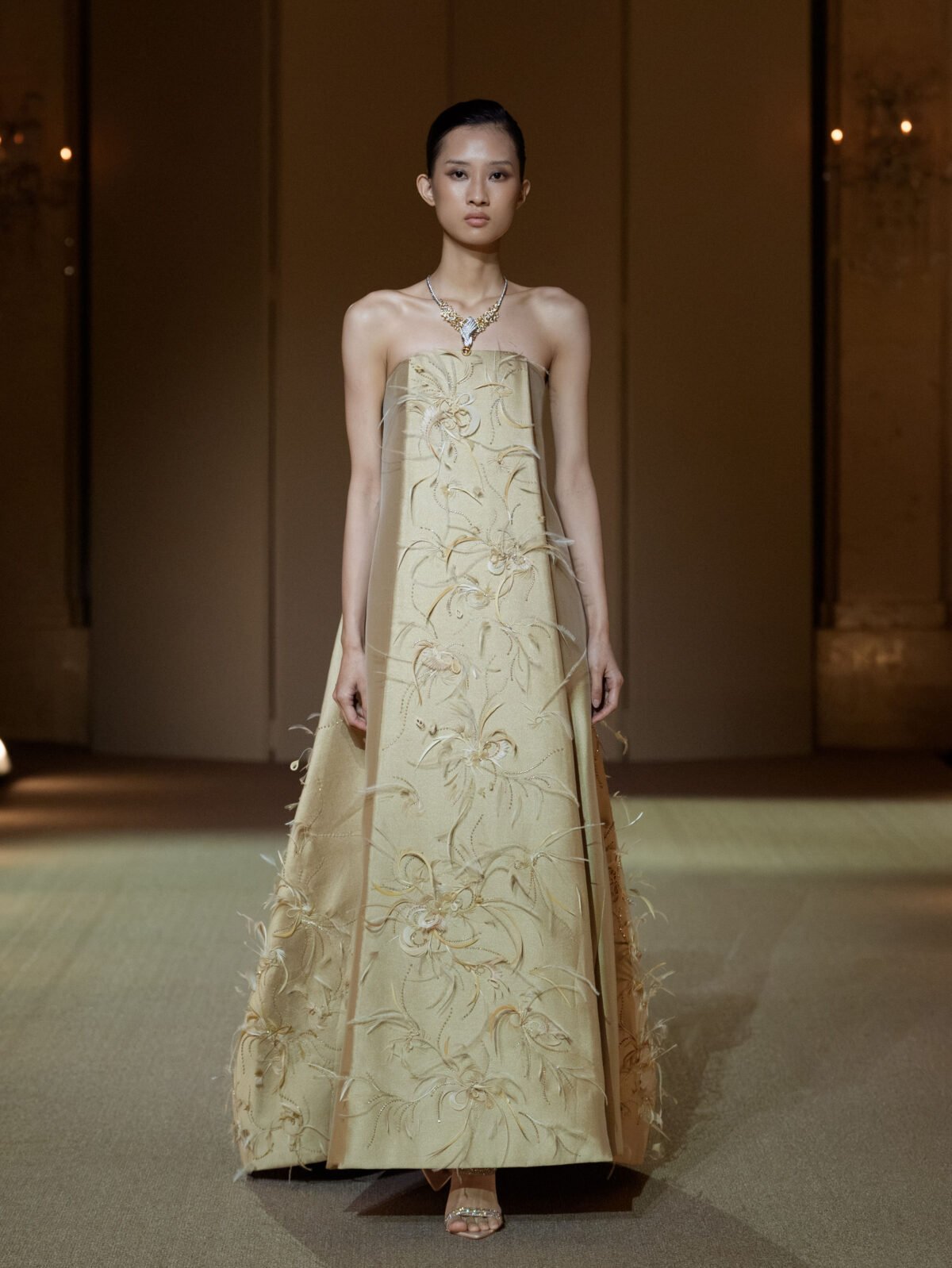 Champagne gold taffeta silk trapeze dress with 3D floral appliqués