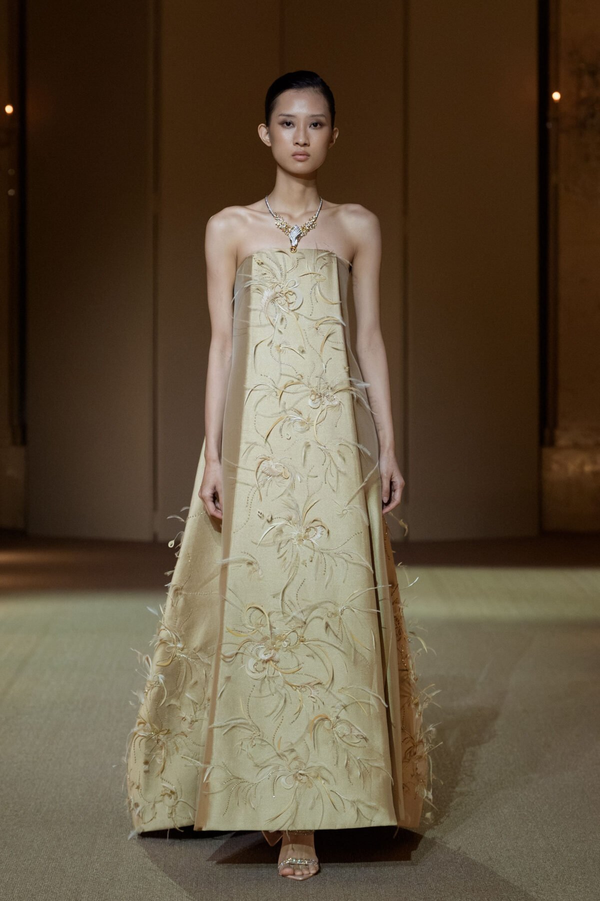 Champagne gold taffeta silk trapeze dress with 3D floral appliqués