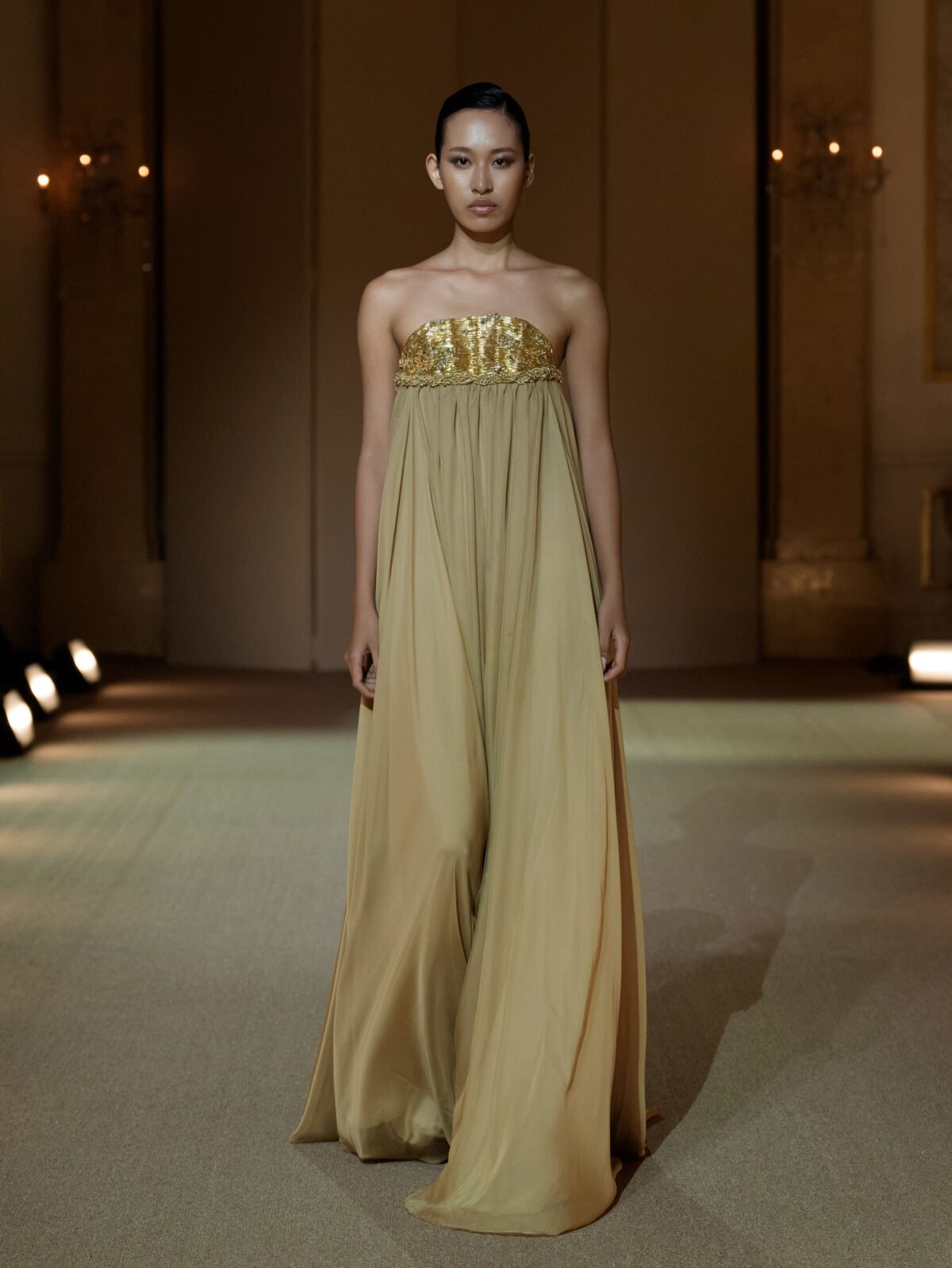 Gold champagne empire line dress with crystal-embellished bustier