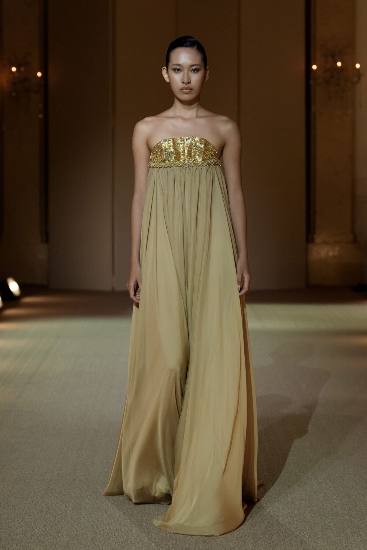 Gold champagne empire line dress with crystal-embellished bustier