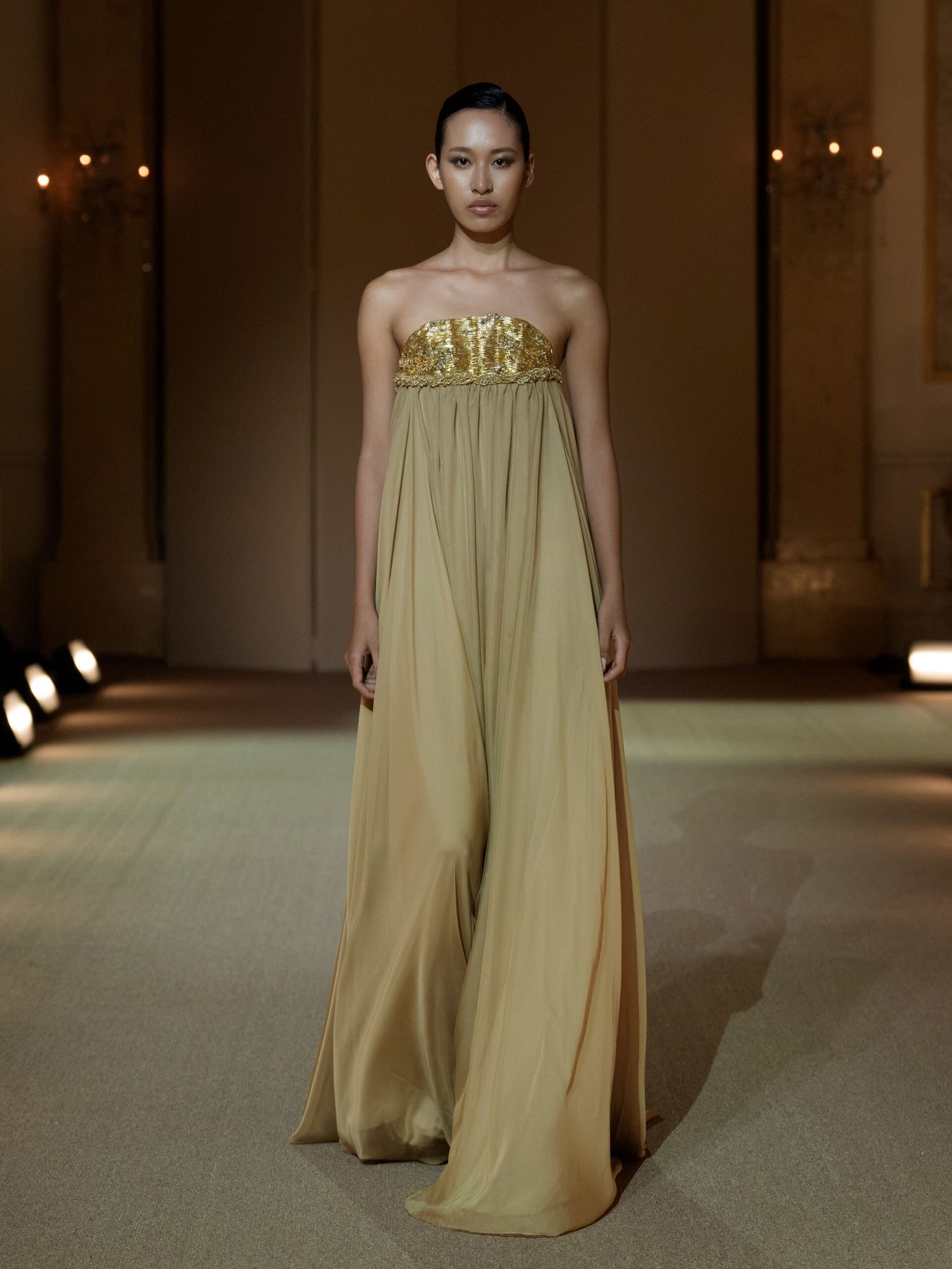 Gold champagne empire line dress with crystal-embellished bustier