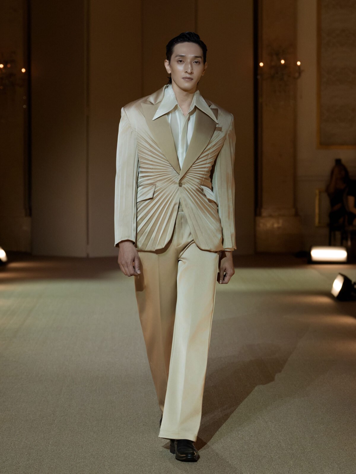 Champagne hand-pleated suit ensemble with wide-leg trousers