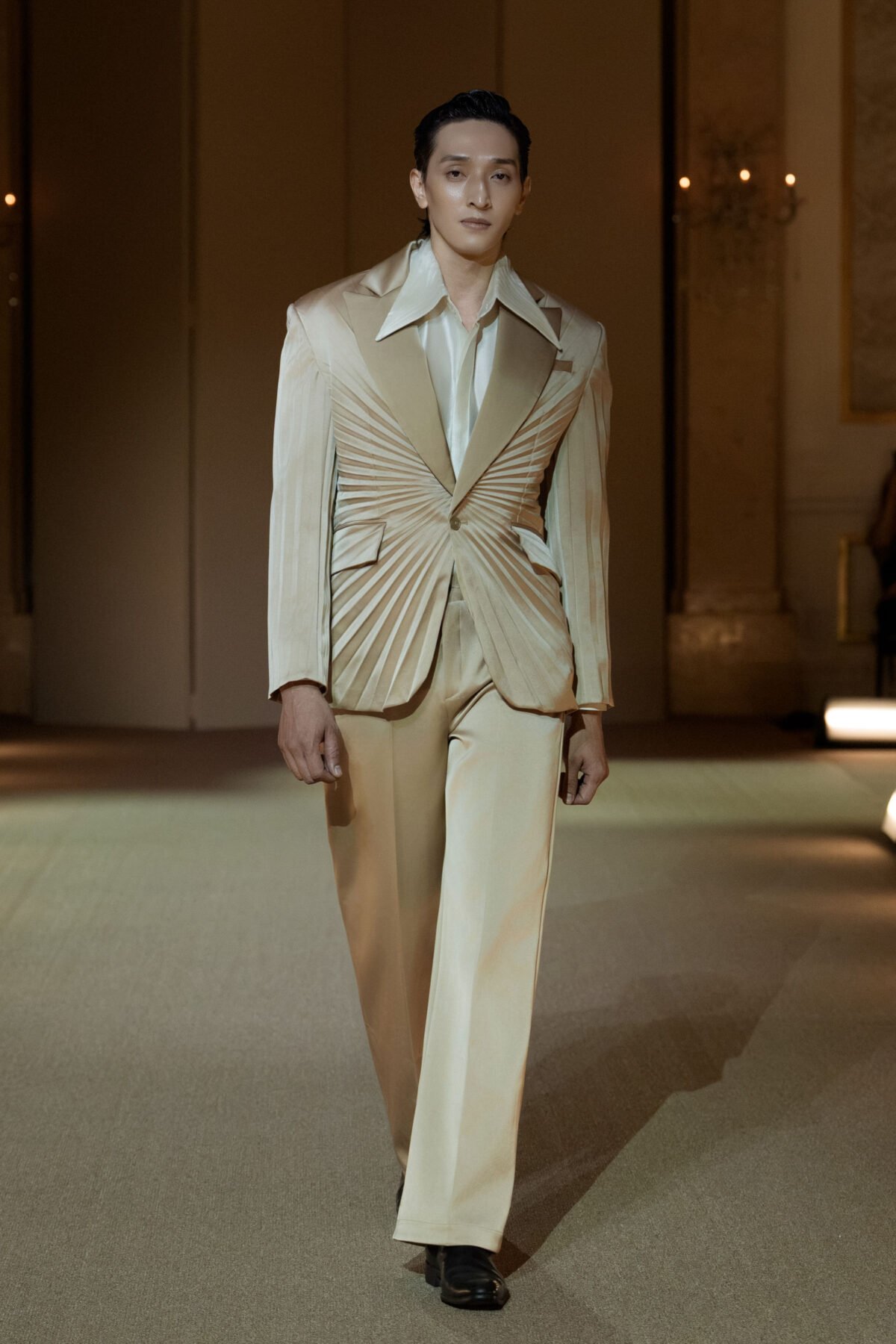 Champagne hand-pleated suit ensemble with wide-leg trousers
