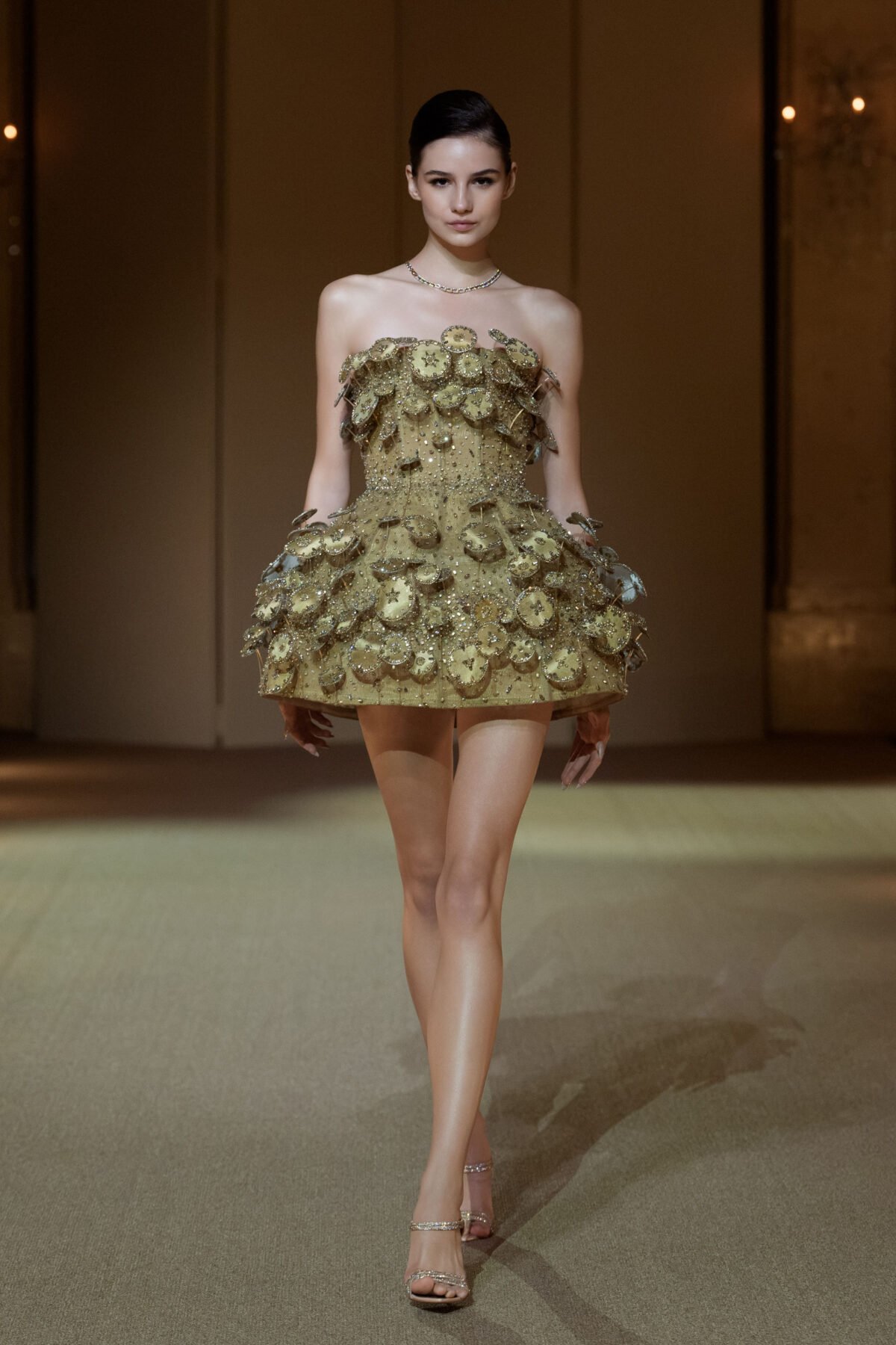 Champagne gold mini dress with 3D circular disc embellishment