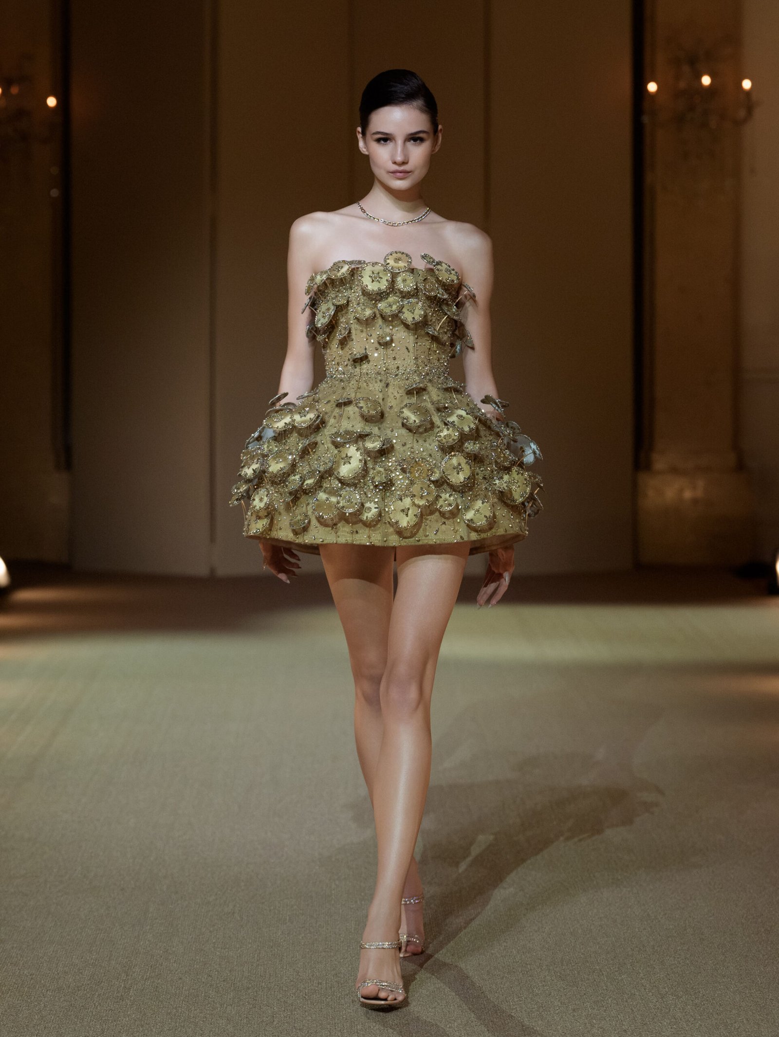 Champagne gold mini dress with 3D circular disc embellishment