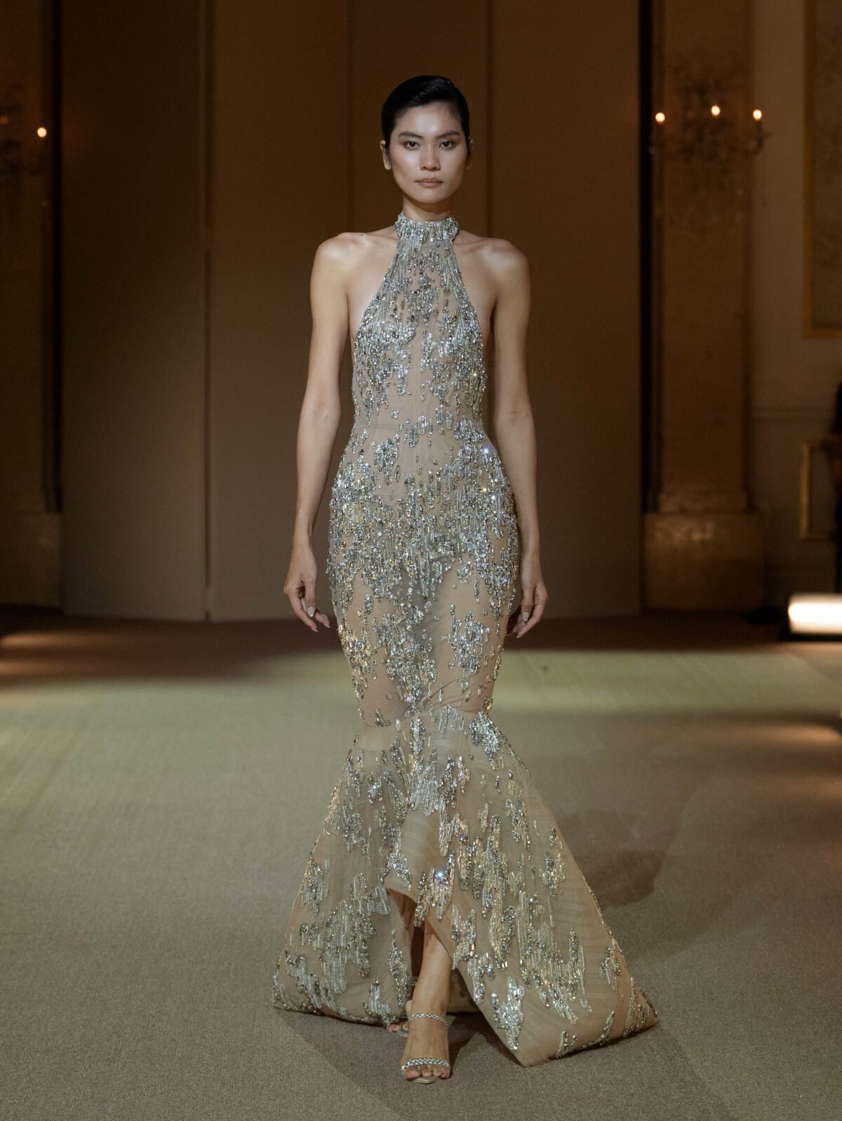 Black mermaid gown with silver liquid-metal beadwork