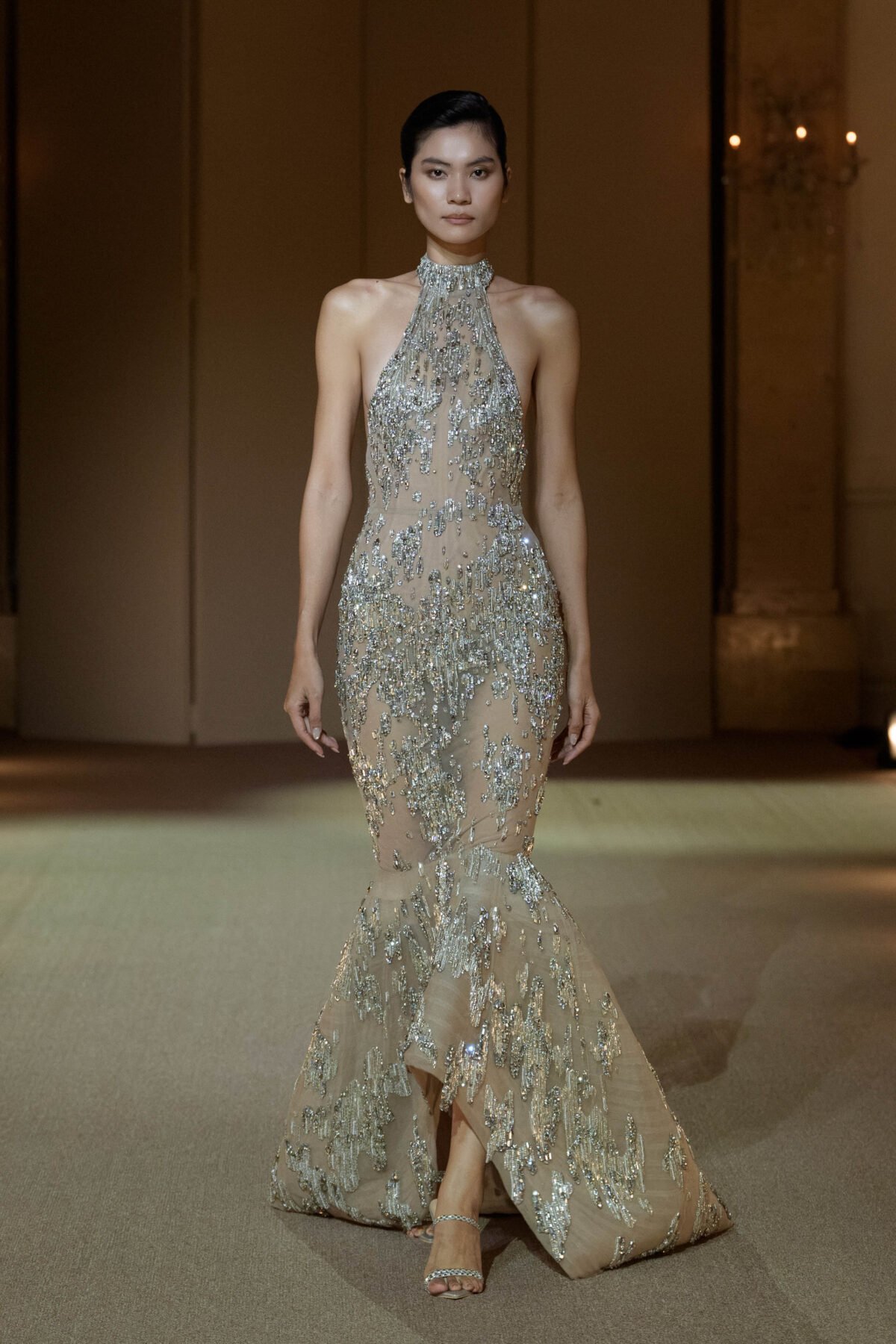 Black mermaid gown with silver liquid-metal beadwork