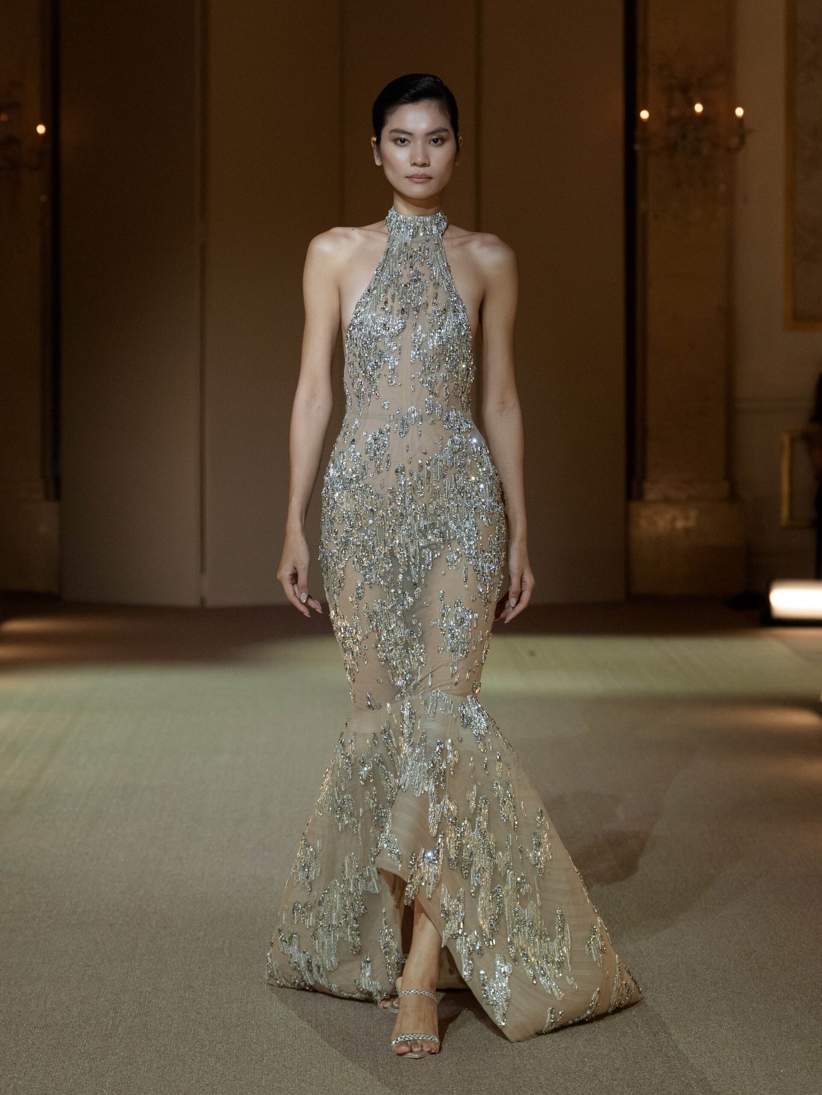 Black mermaid gown with silver liquid-metal beadwork