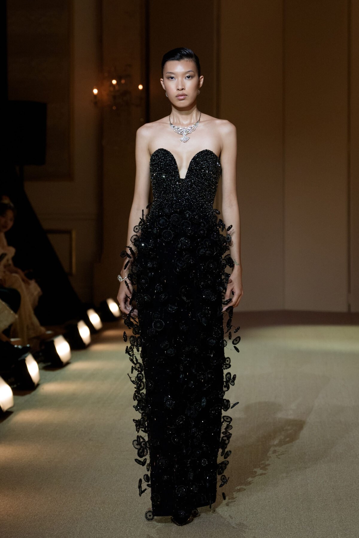 Black strapless column dress with 3D micro disc embellishment