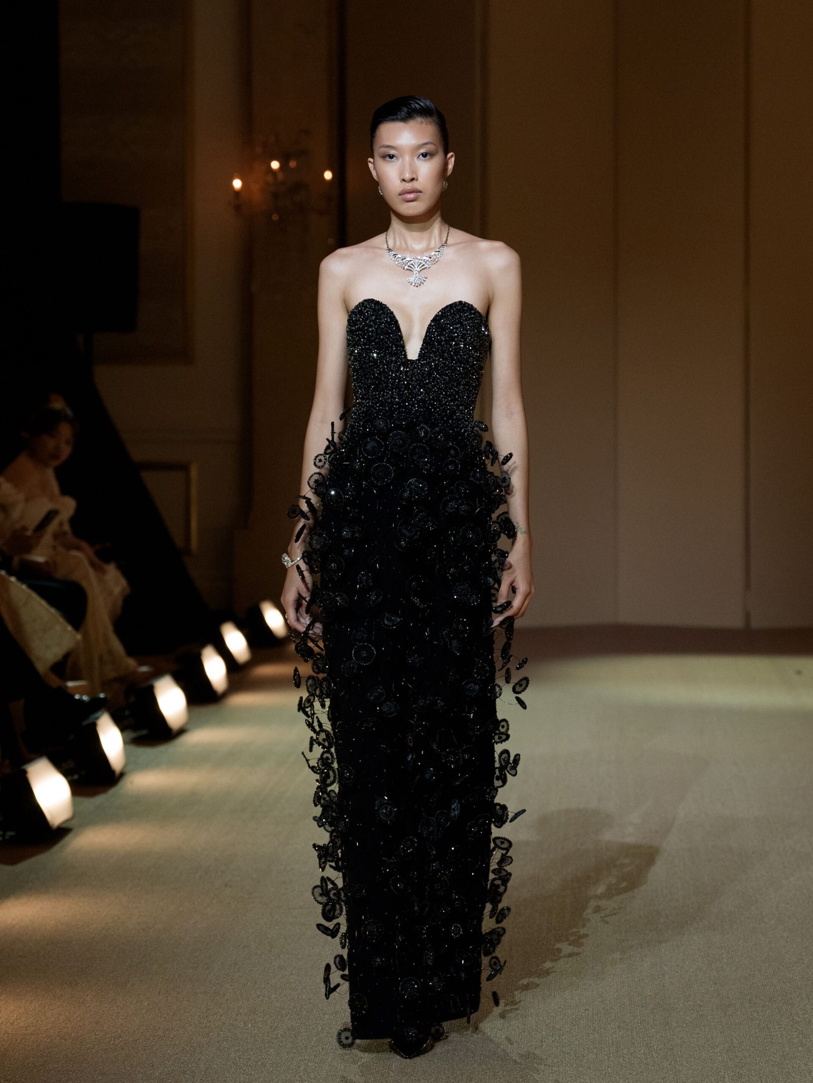 Black strapless column dress with 3D micro disc embellishment